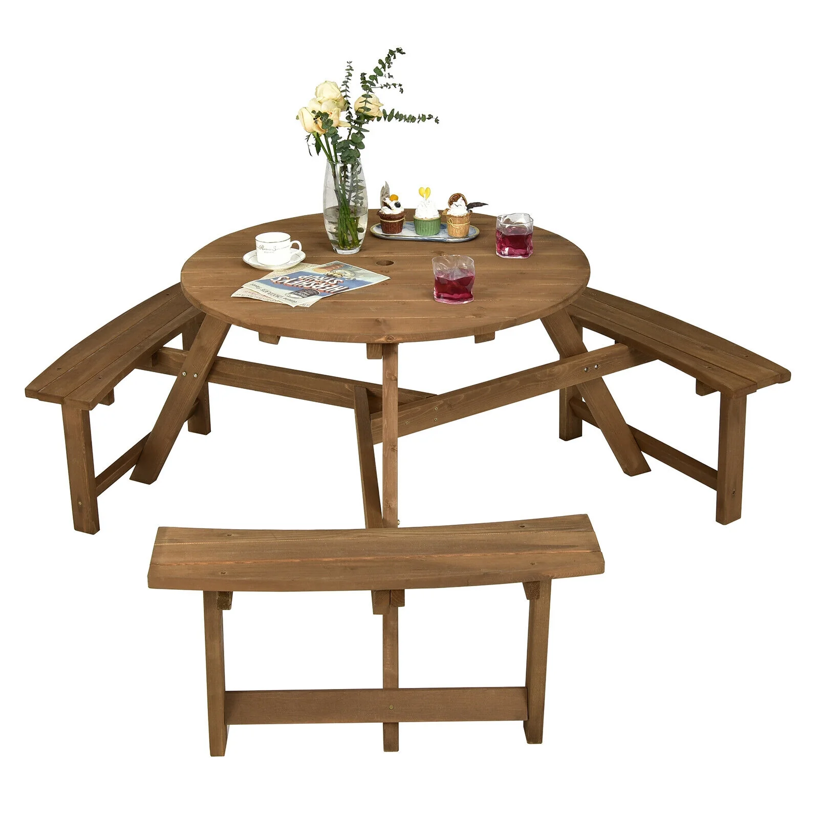 6-Person Round Wooden Picnic Table, With Umbrella Hole And Benches, Dark Brown - Image 9
