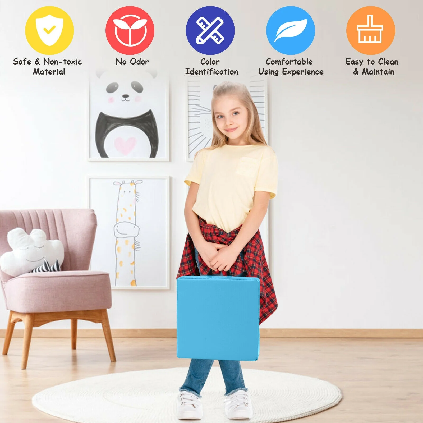 6 Piece 15 Inch Square Toddler Floor Cushions, Flexible Soft Foam Seating, Blue - Image 6