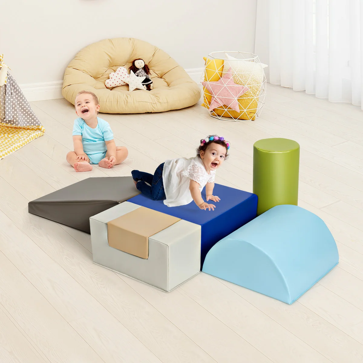 6 Piece Climb Crawl Play Set, Indoor Kids Toddler, Gray - Image 7