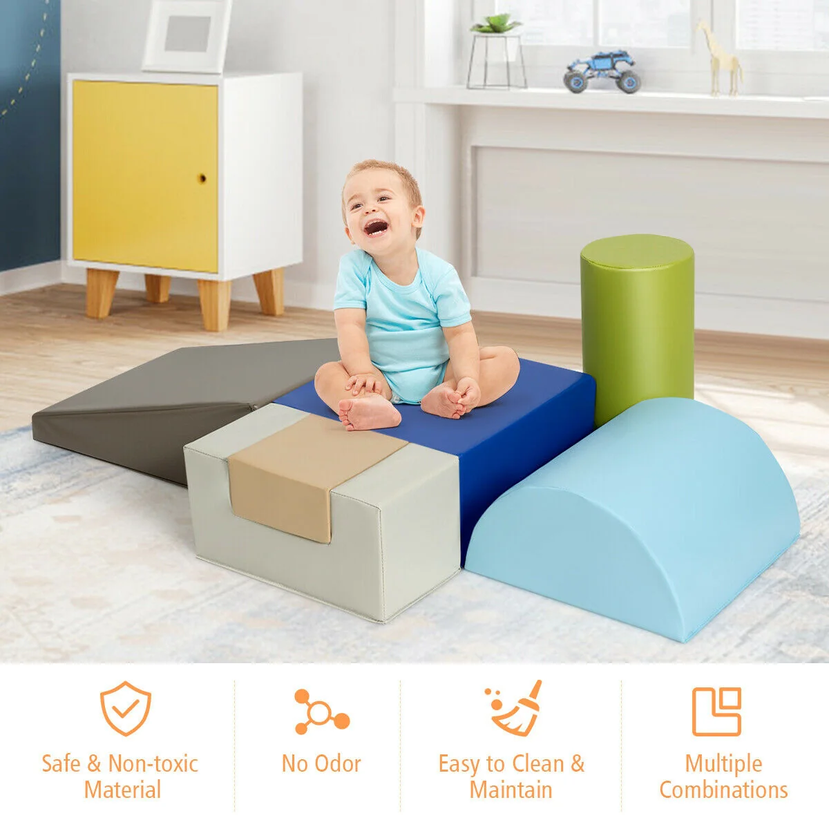 6 Piece Climb Crawl Play Set, Indoor Kids Toddler, Gray - Image 9