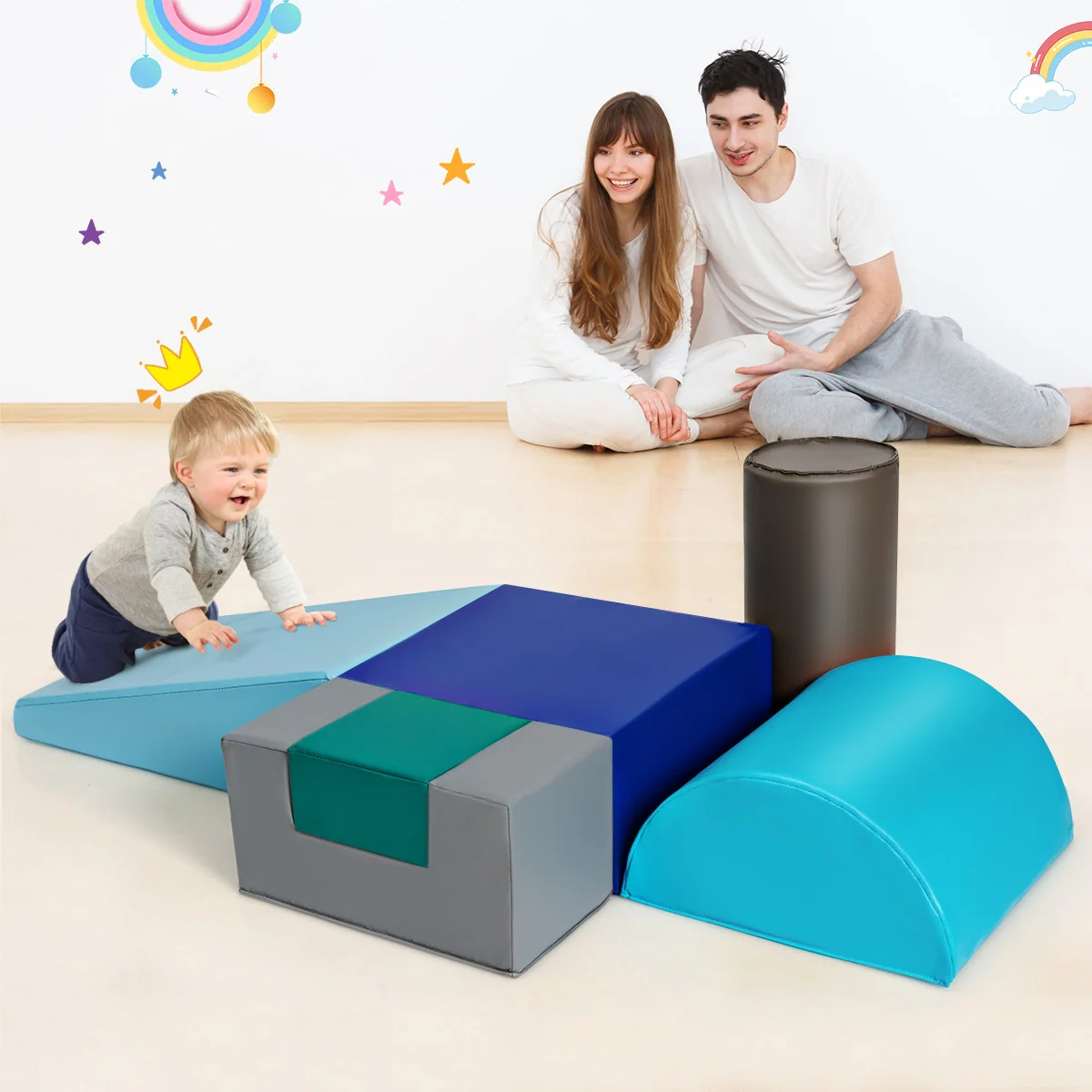 6 Piece Climb Crawl Play Set, Indoor Kids Toddler, Light Blue - Image 7
