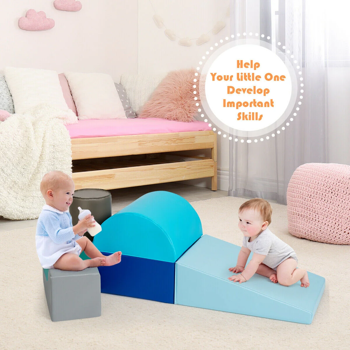 6 Piece Climb Crawl Play Set, Indoor Kids Toddler, Light Blue - Image 9