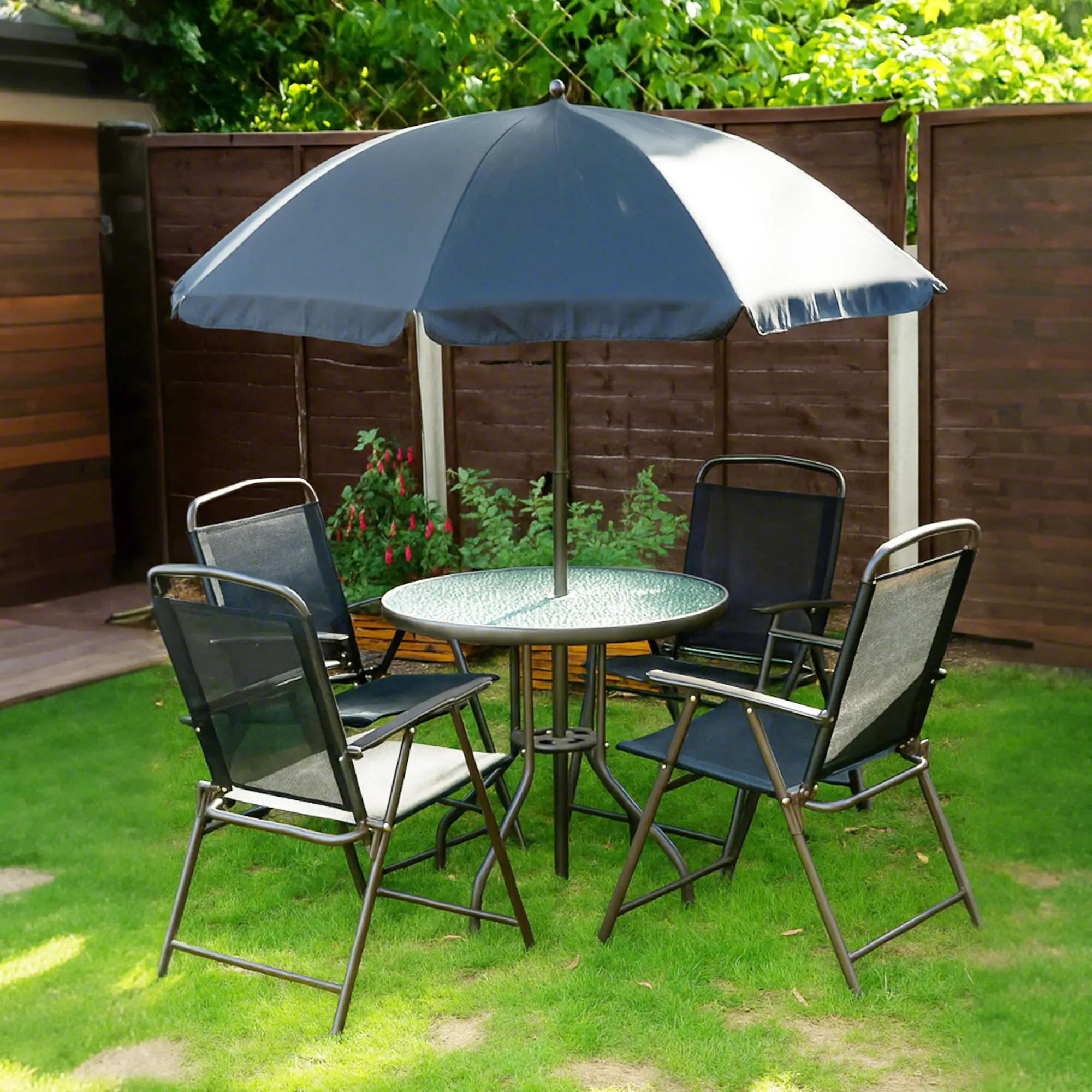 6-Piece Outdoor Dining Set, Round Table, 4 Folding Chairs, Black - Image 10