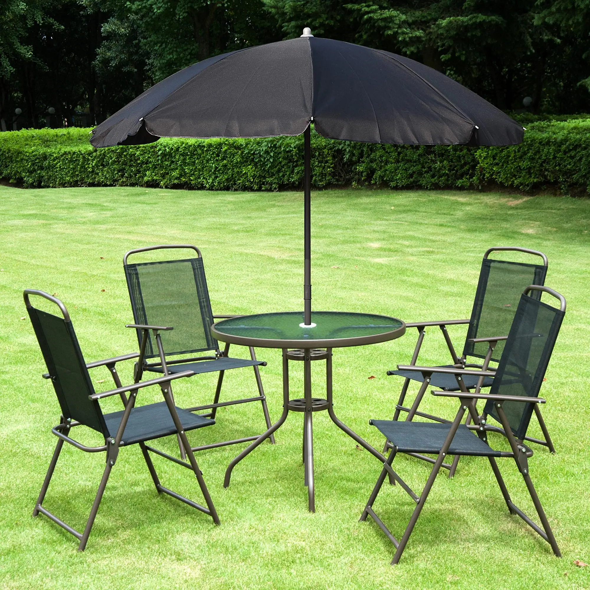 6-Piece Outdoor Dining Set, Round Table, 4 Folding Chairs, Black - Image 2