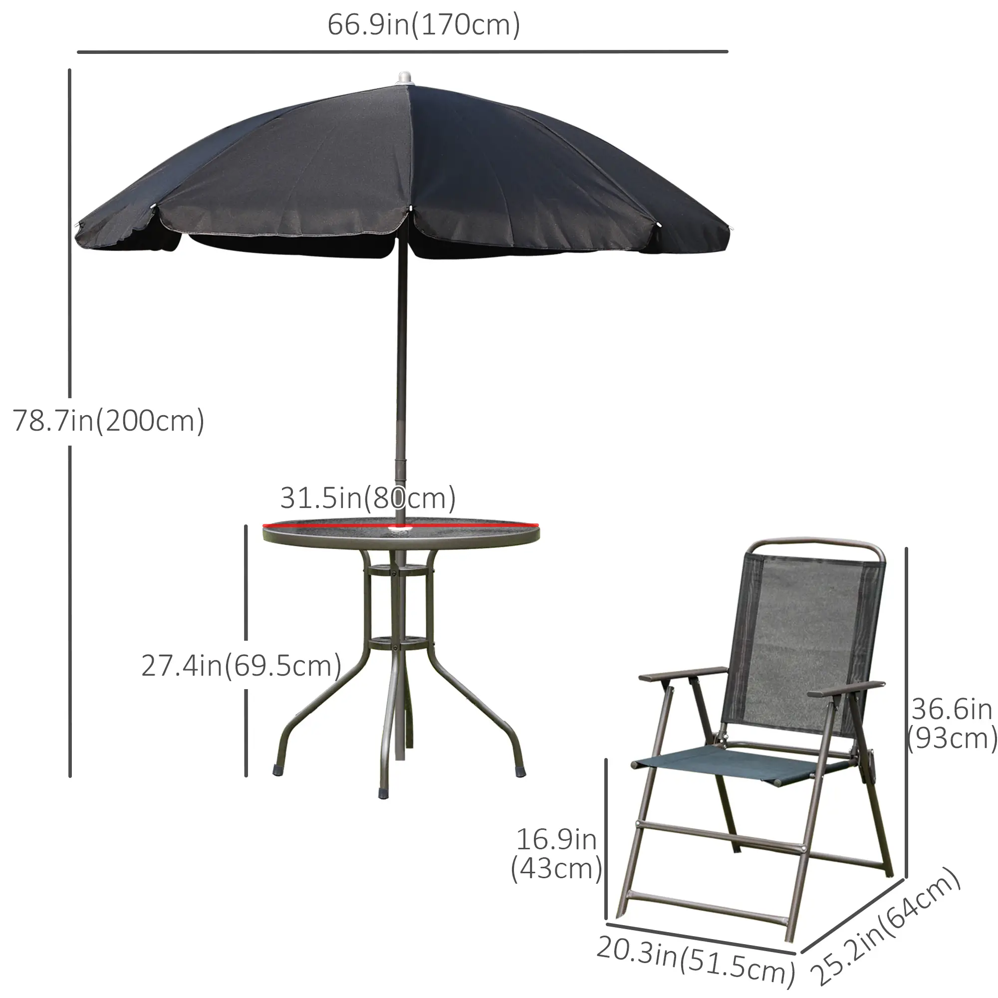 6-Piece Outdoor Dining Set, Round Table, 4 Folding Chairs, Black - Image 3