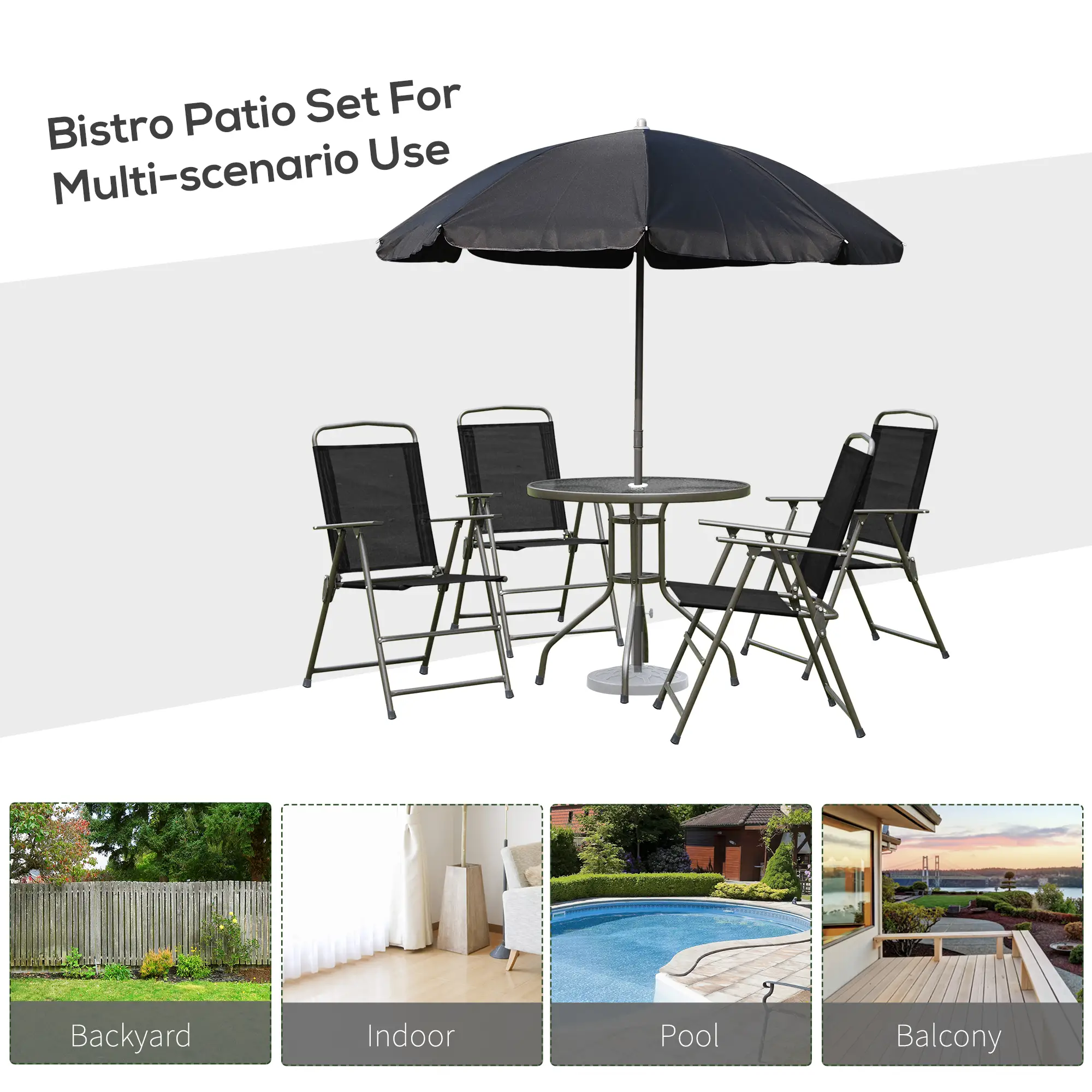 6-Piece Outdoor Dining Set, Round Table, 4 Folding Chairs, Black - Image 6