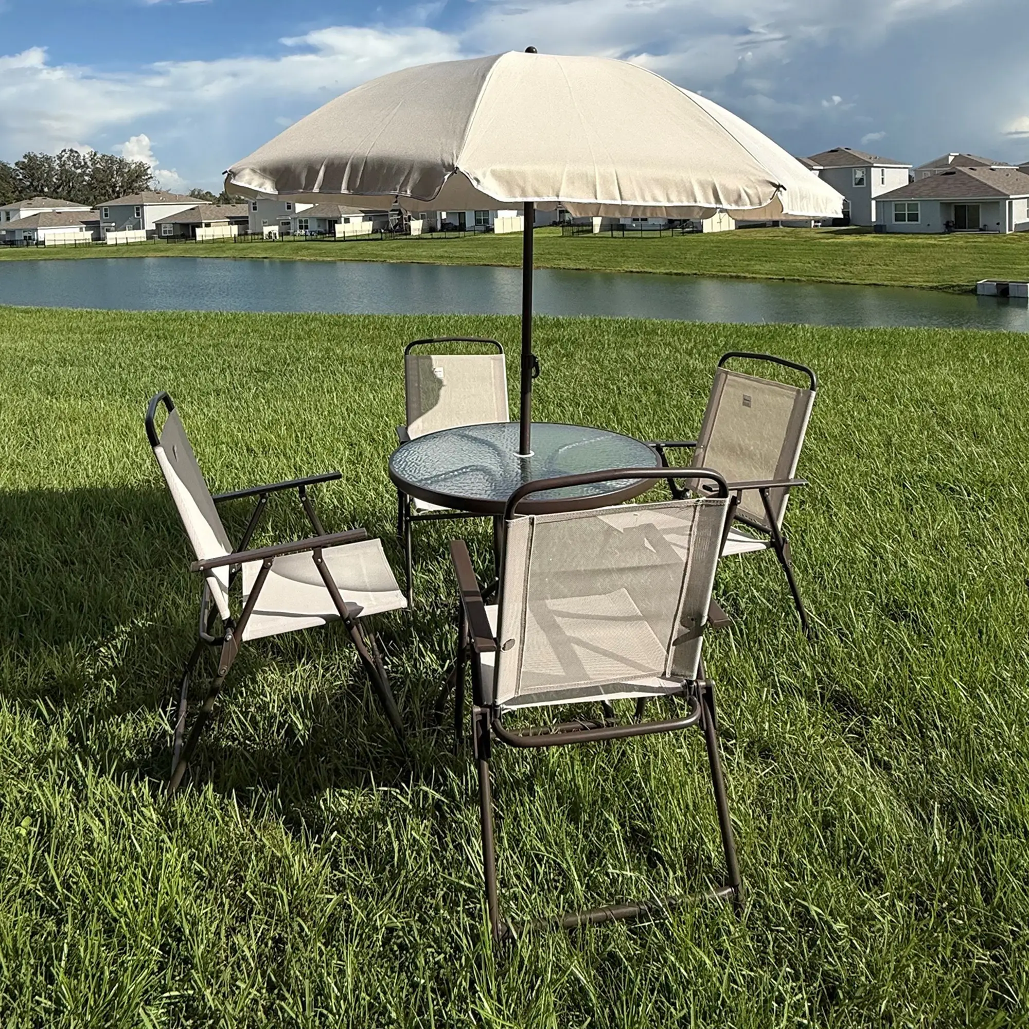 6-Piece Outdoor Dining Set, Round Table, 4 Folding Chairs, Cream - Image 10