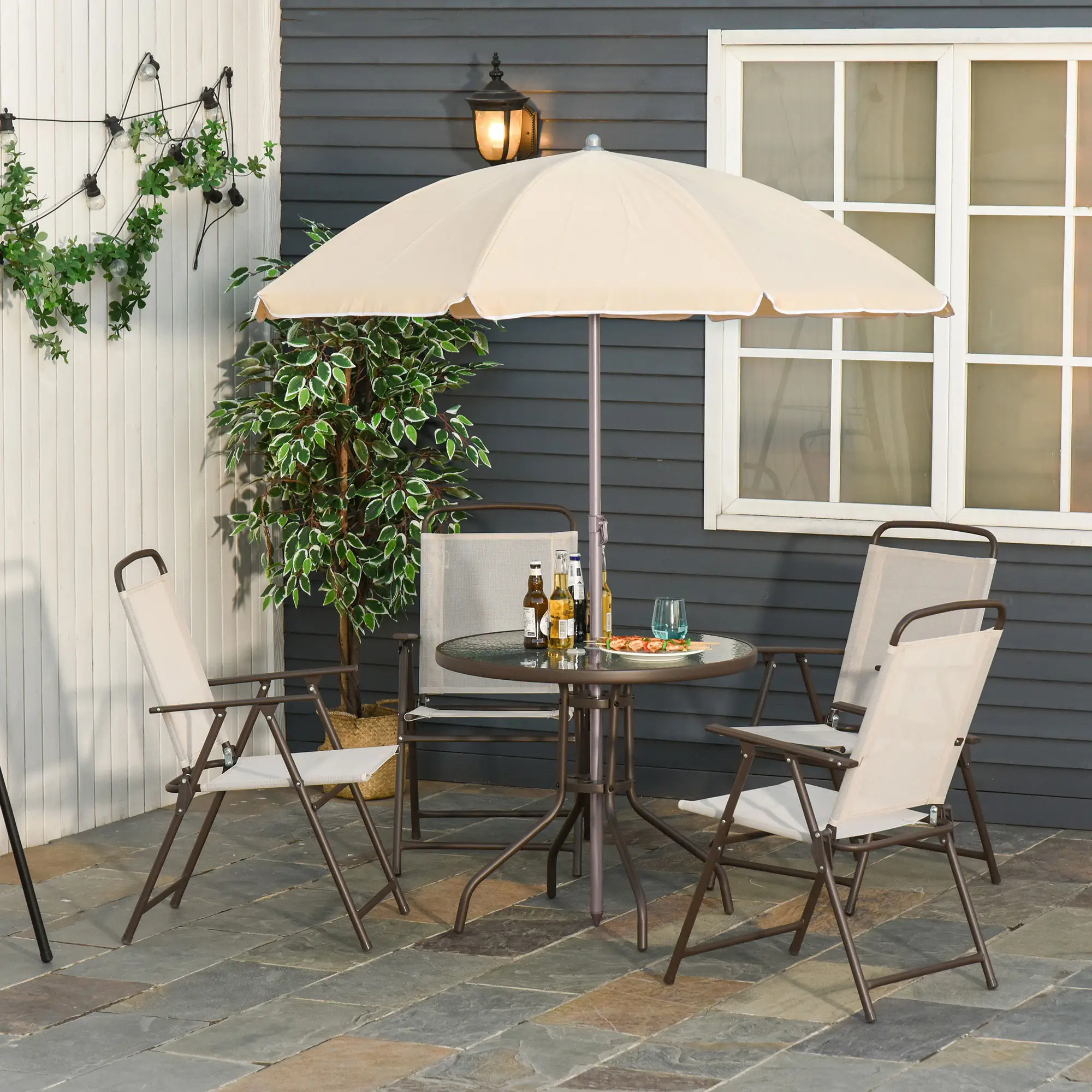 6-Piece Outdoor Dining Set, Round Table, 4 Folding Chairs, Cream - Image 2