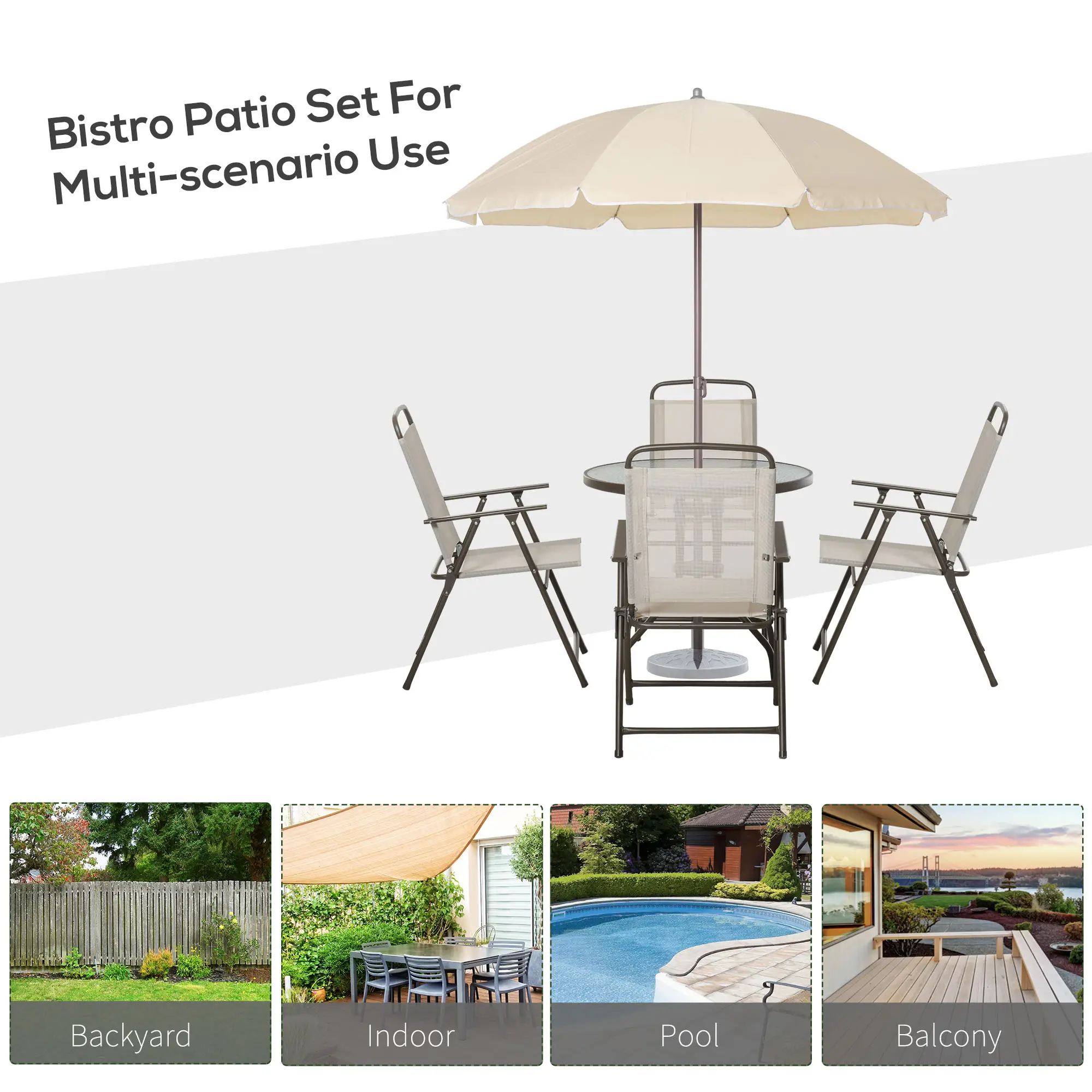 6-Piece Outdoor Dining Set, Round Table, 4 Folding Chairs, Cream - Image 7