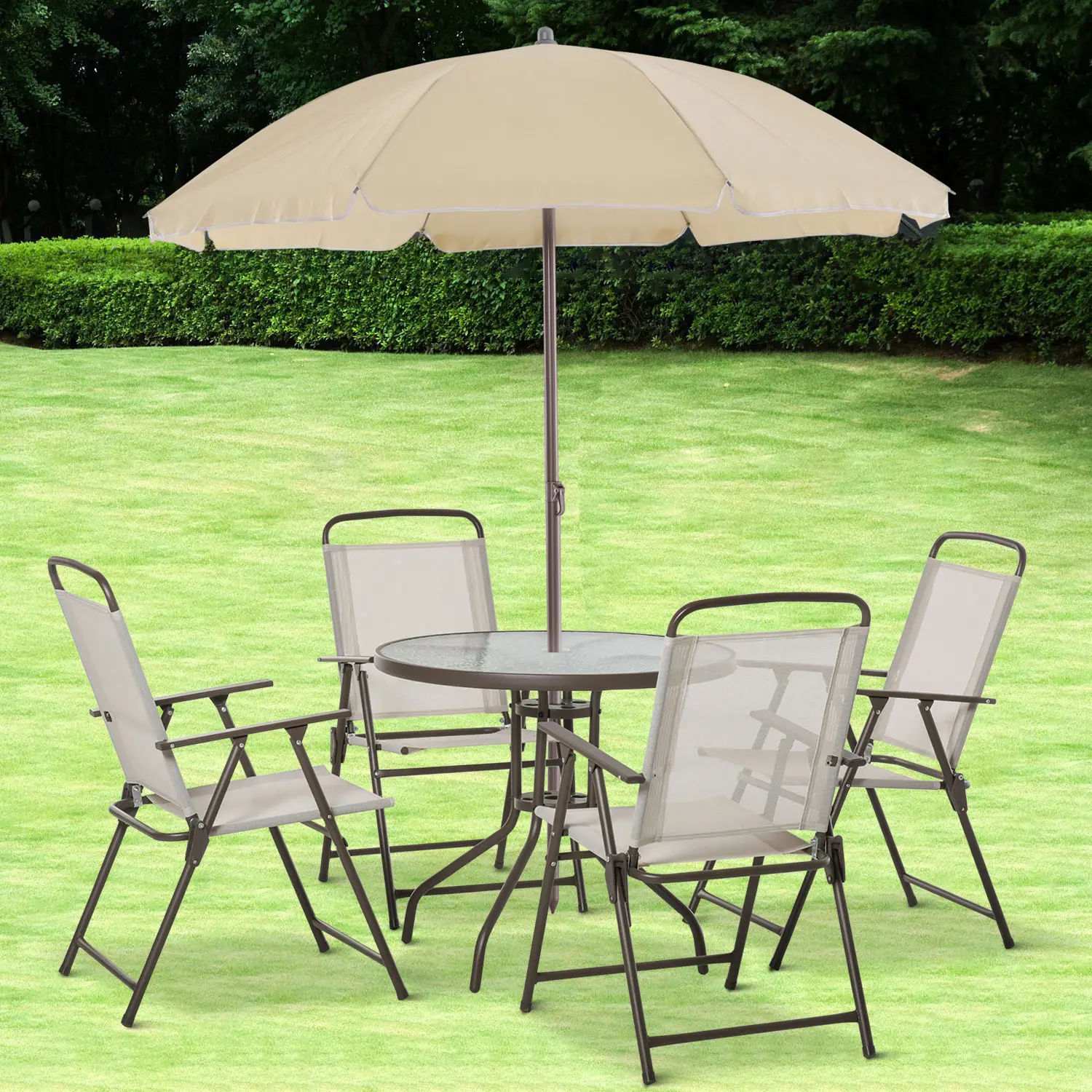 6-Piece Outdoor Dining Set, Round Table, 4 Folding Chairs, Cream - Image 8
