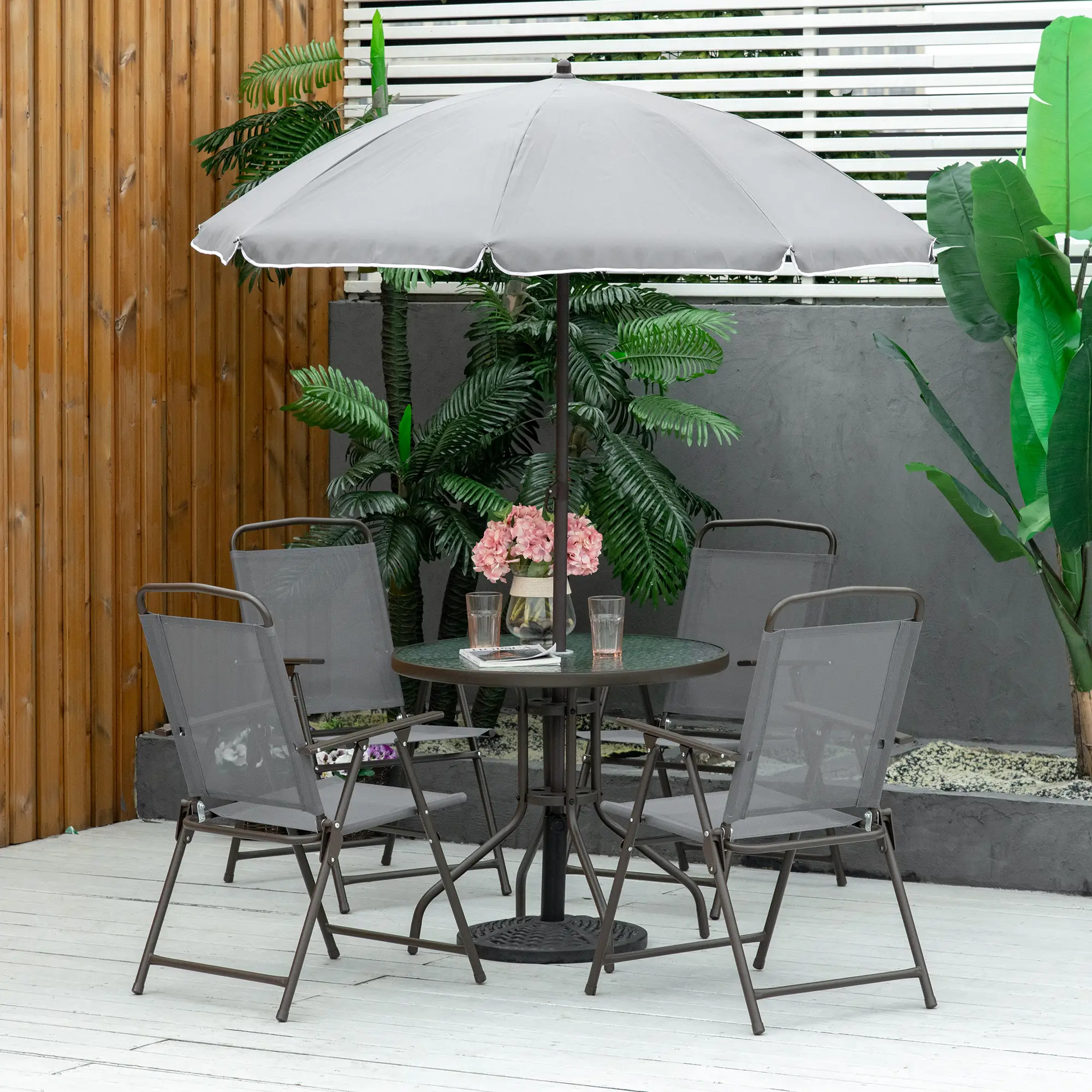 6-Piece Outdoor Dining Set, Round Table, 4 Folding Chairs, Grey - Image 2