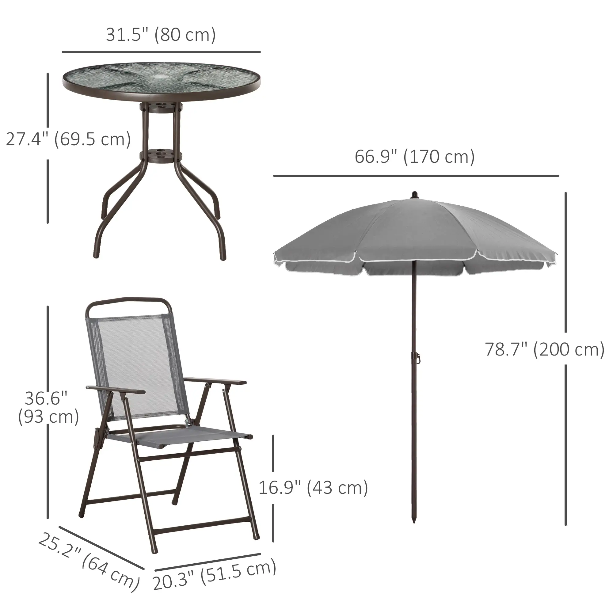 6-Piece Outdoor Dining Set, Round Table, 4 Folding Chairs, Grey - Image 3