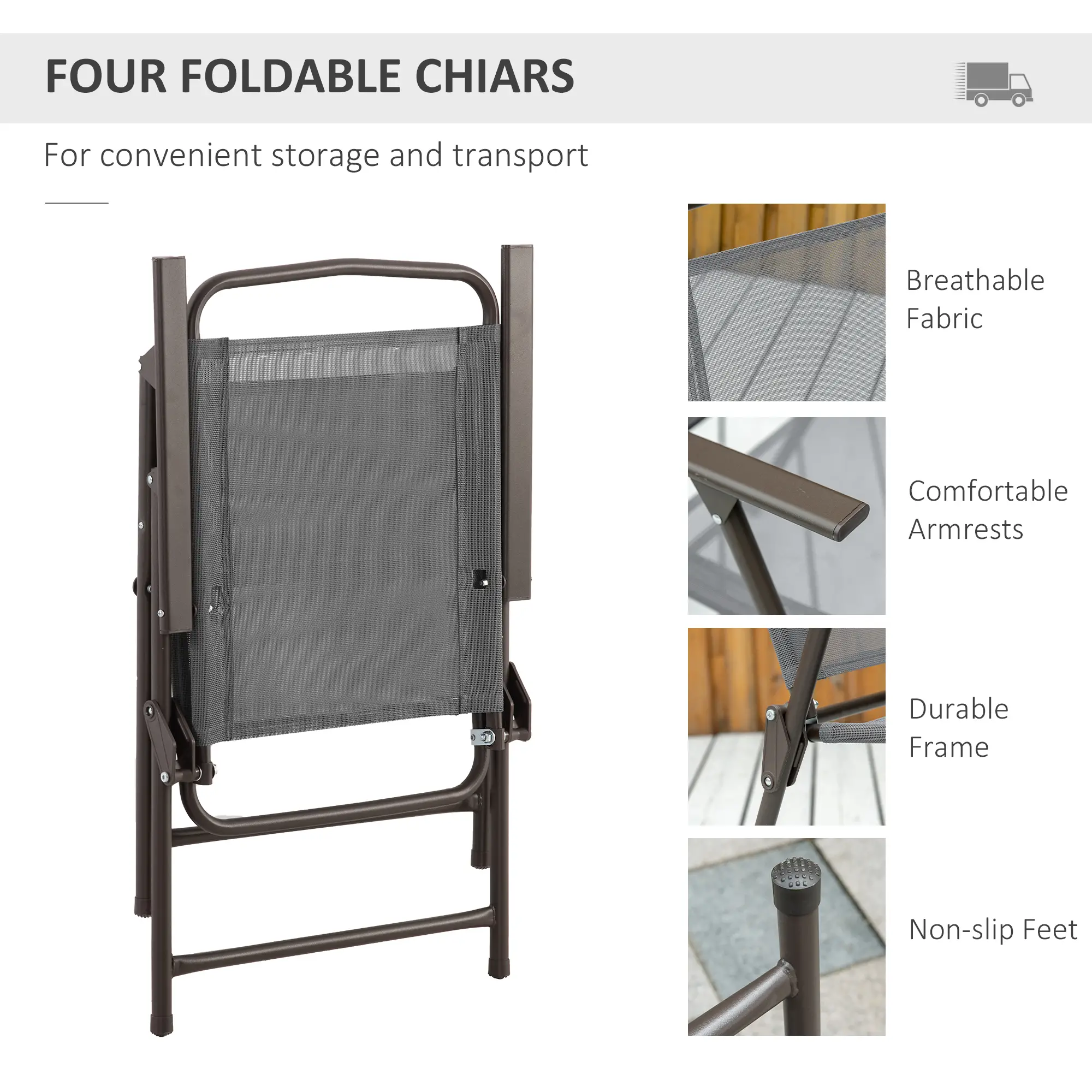 6-Piece Outdoor Dining Set, Round Table, 4 Folding Chairs, Grey - Image 5
