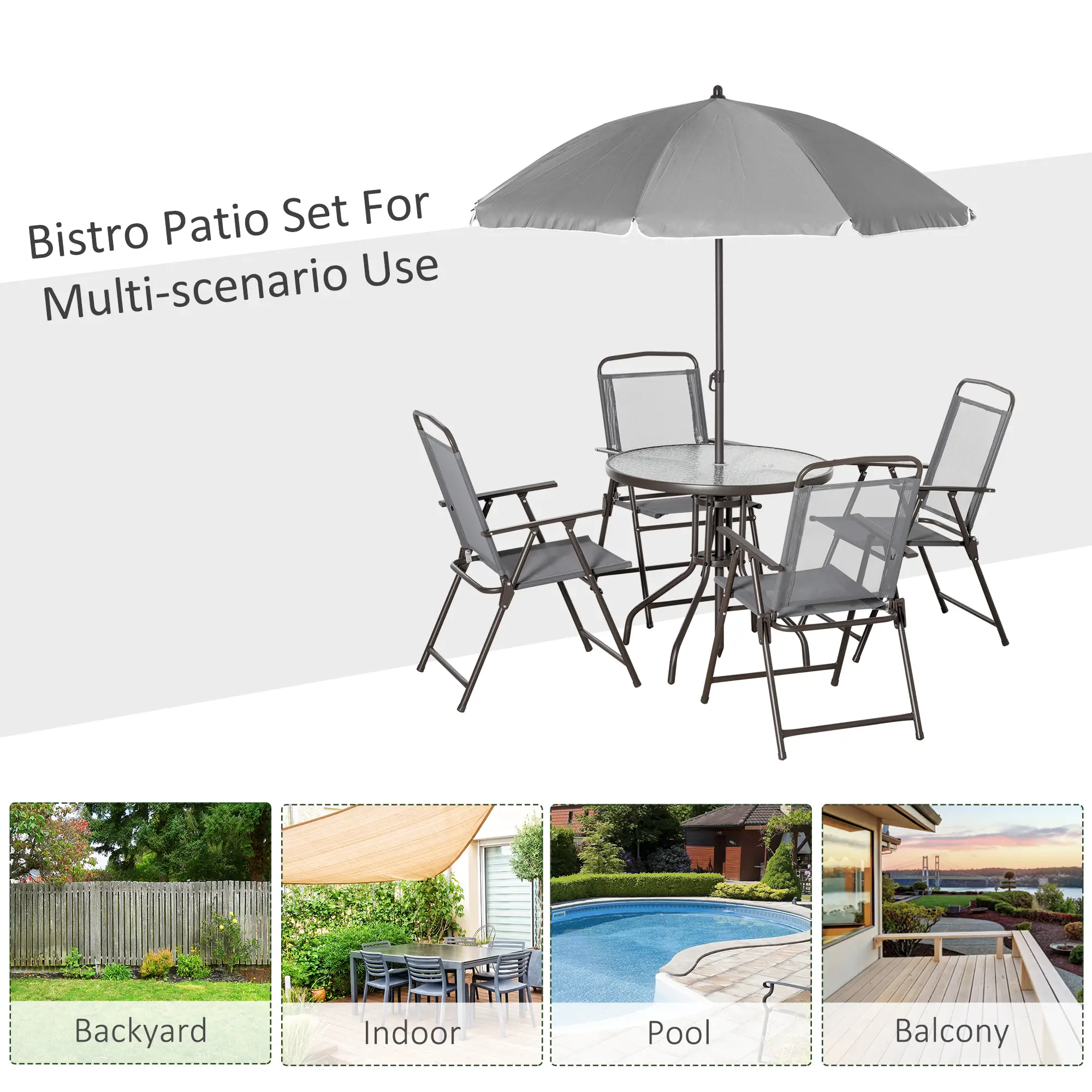 6-Piece Outdoor Dining Set, Round Table, 4 Folding Chairs, Grey - Image 7