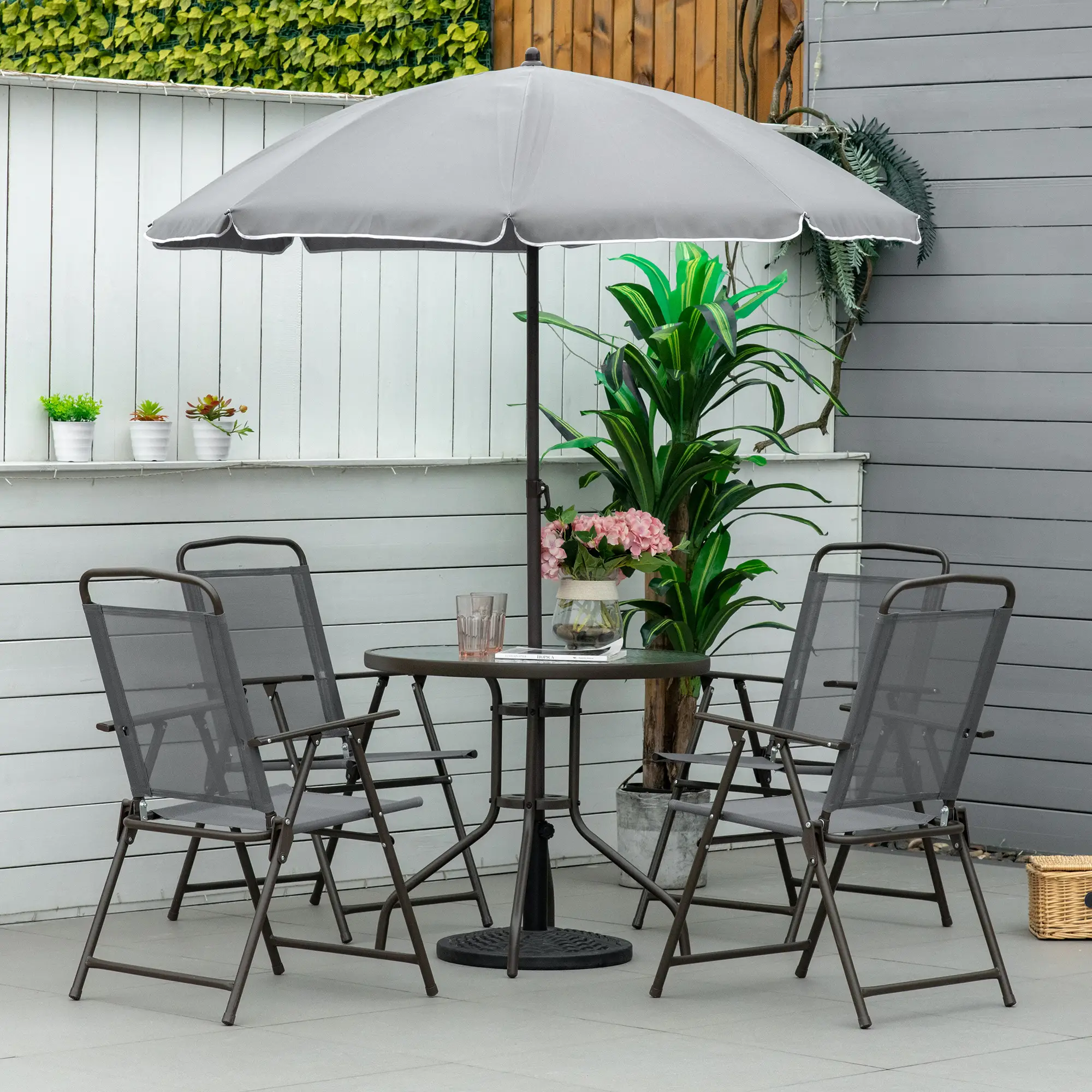 6-Piece Outdoor Dining Set, Round Table, 4 Folding Chairs, Grey - Image 8