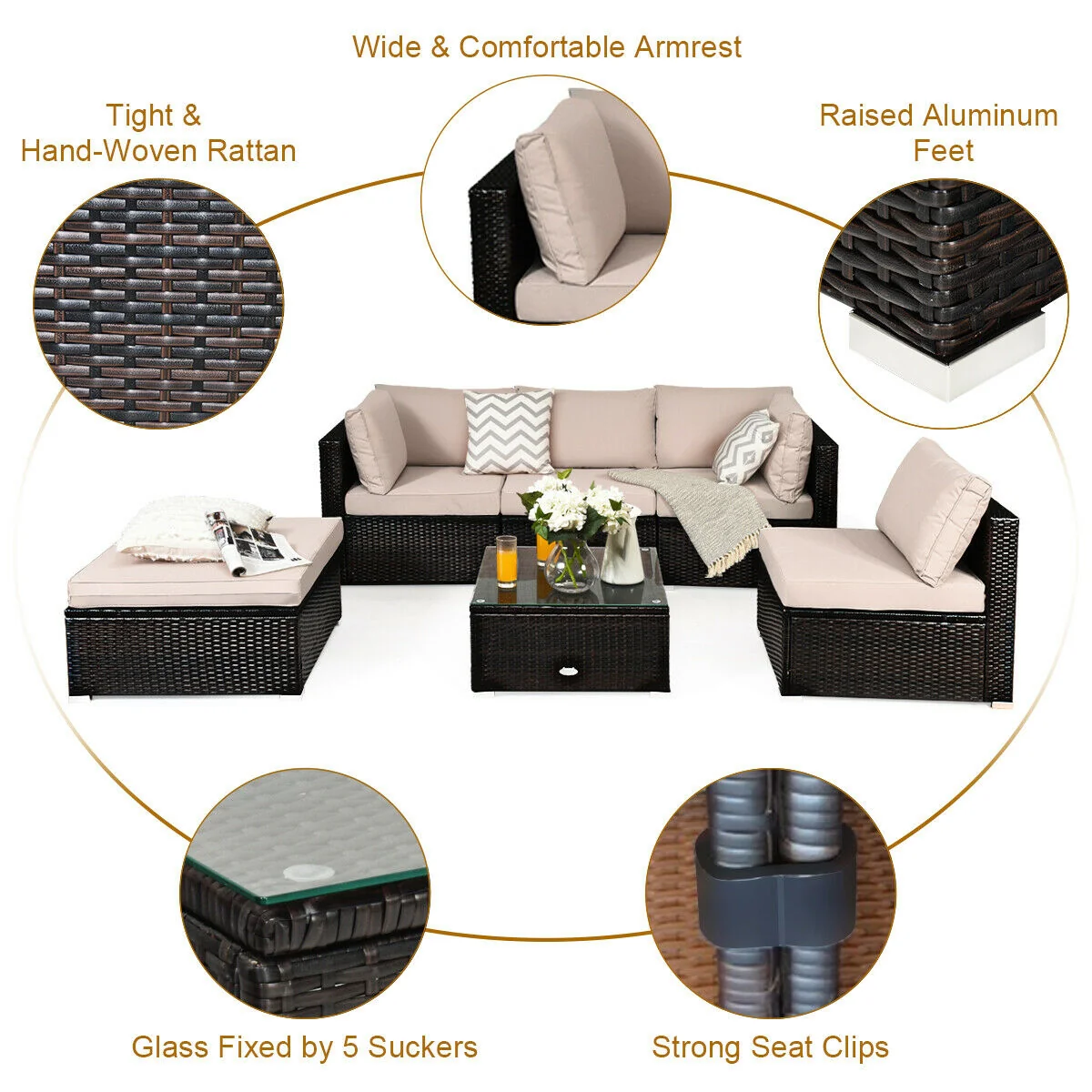 6 Piece Outdoor Patio Rattan Furniture Set, Beige - Image 10