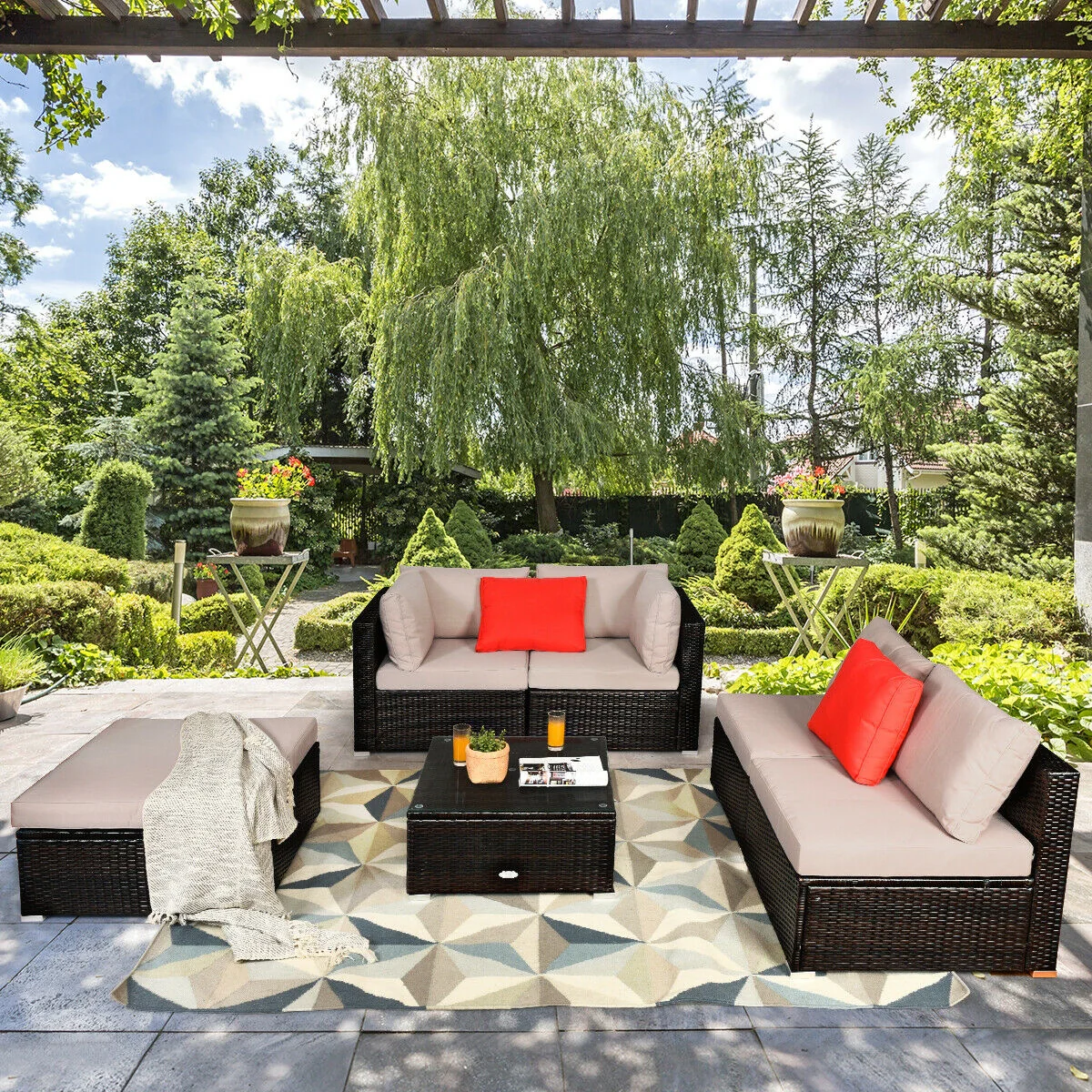 6 Piece Outdoor Patio Rattan Furniture Set, Beige - Image 2