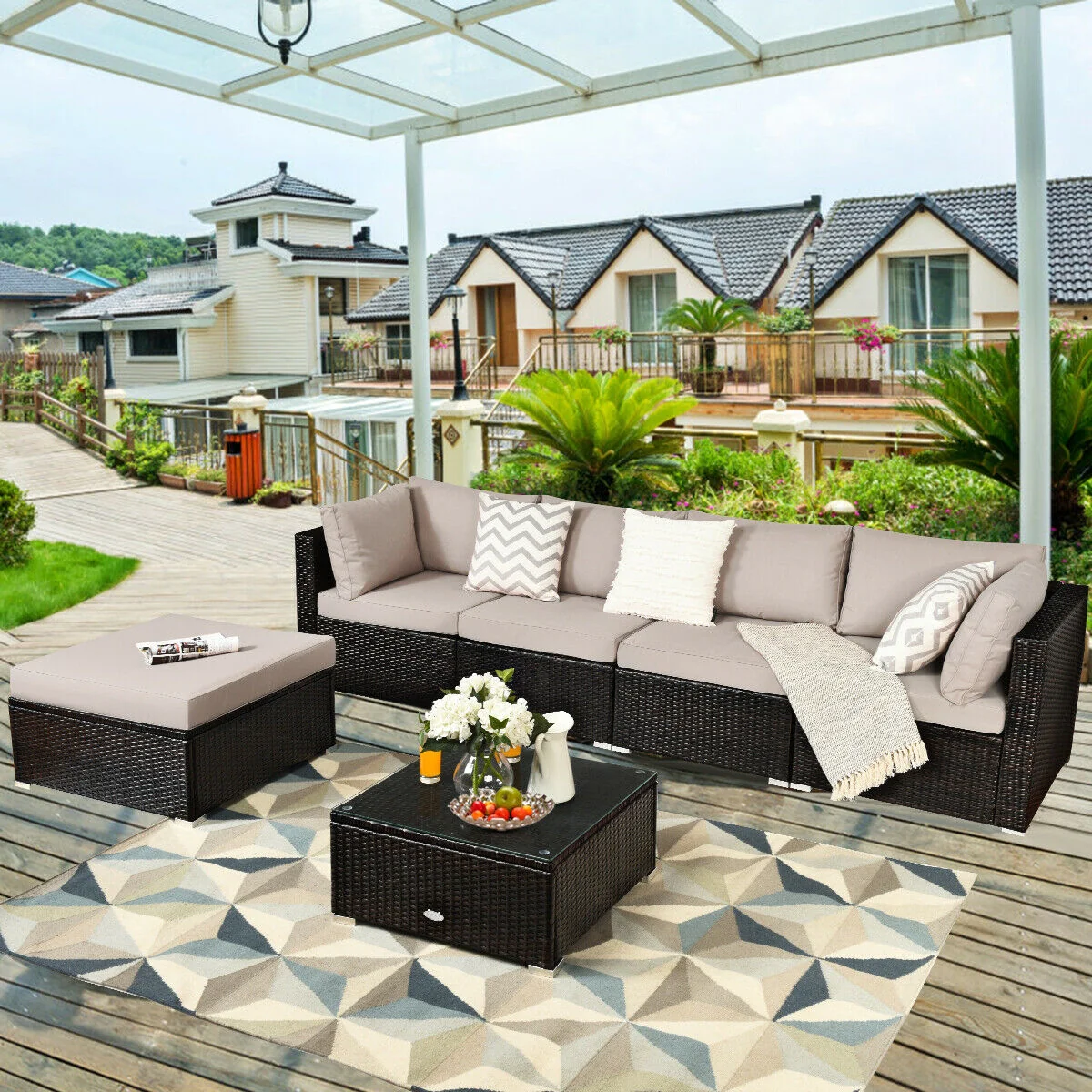 6 Piece Outdoor Patio Rattan Furniture Set, Beige - Image 3