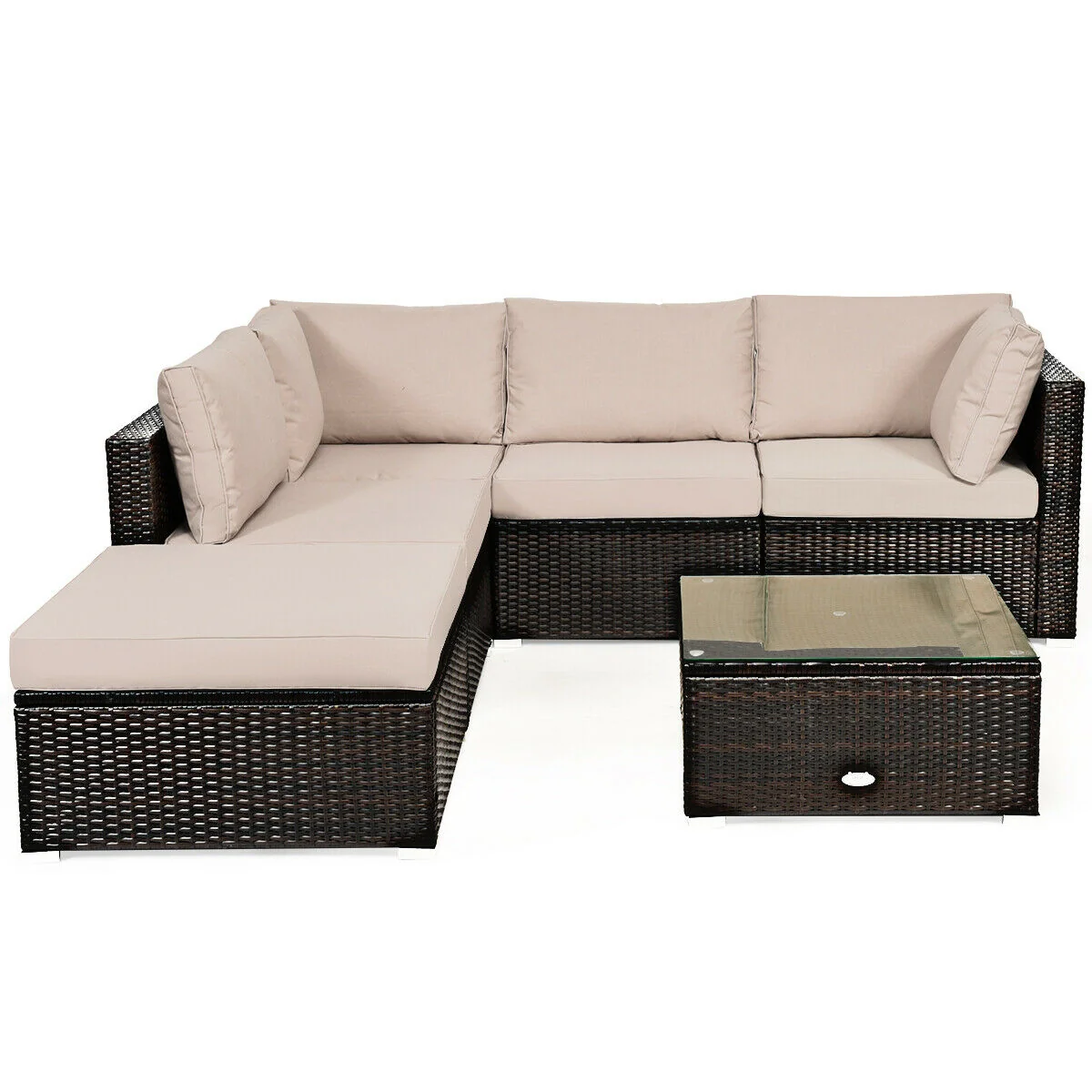 6 Piece Outdoor Patio Rattan Furniture Set, Beige - Image 4