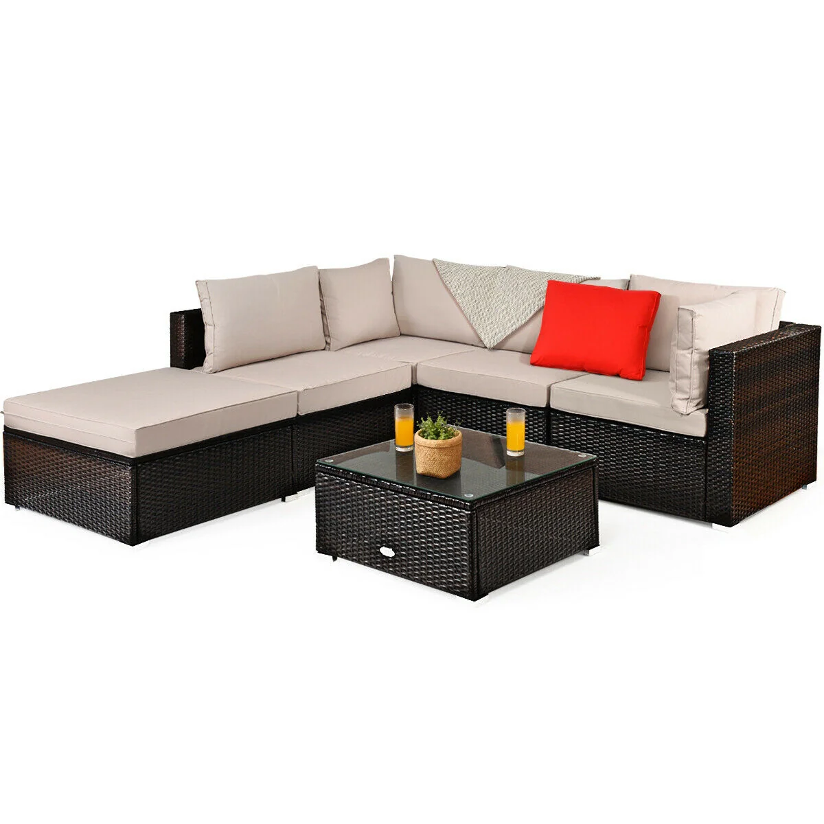 6 Piece Outdoor Patio Rattan Furniture Set, Beige - Image 5