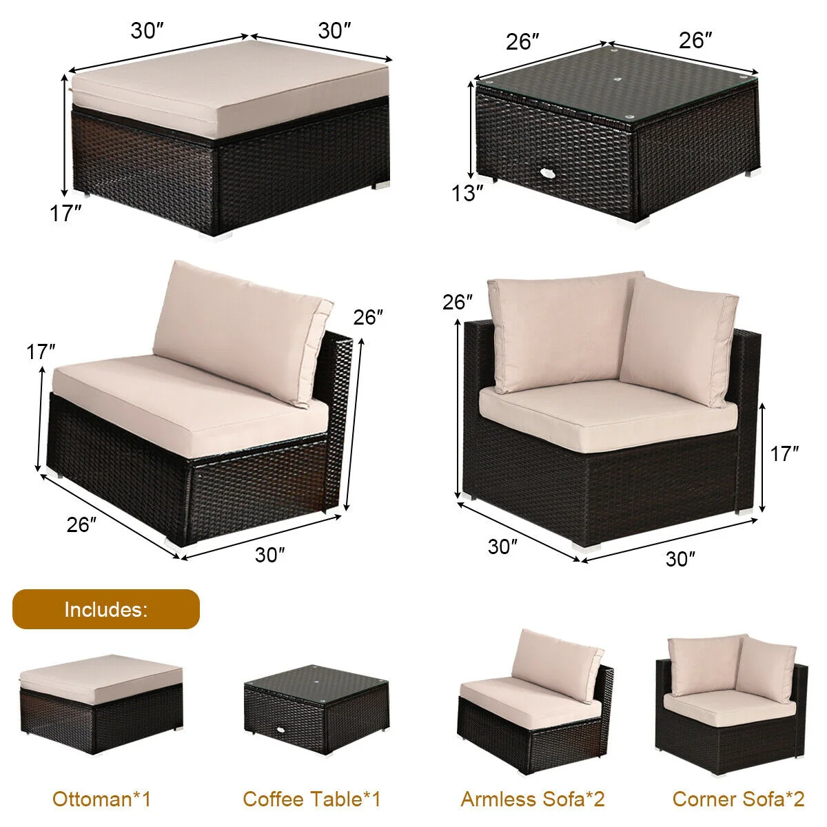 6 Piece Outdoor Patio Rattan Furniture Set, Beige - Image 6