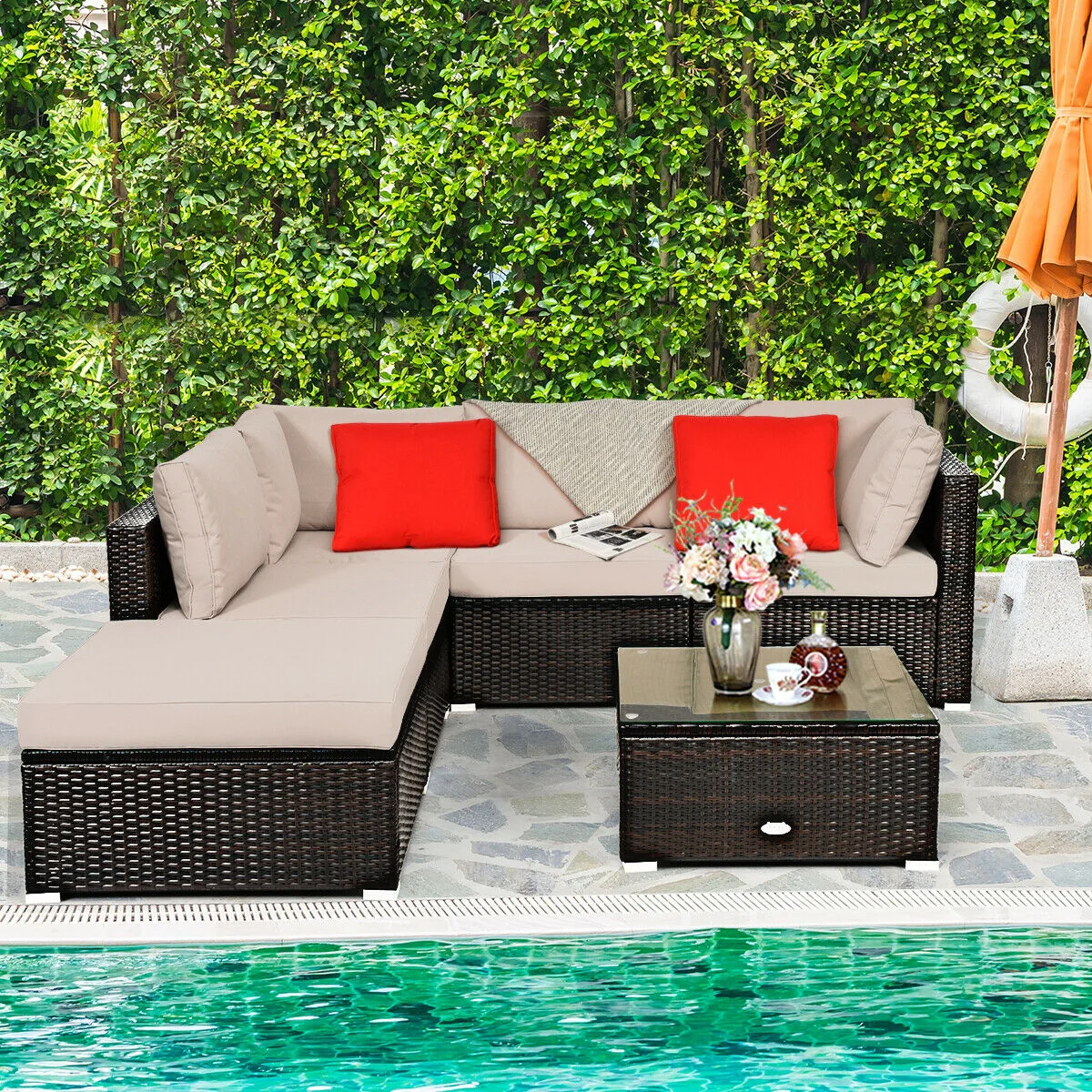 6 Piece Outdoor Patio Rattan Furniture Set, Beige - Image 7