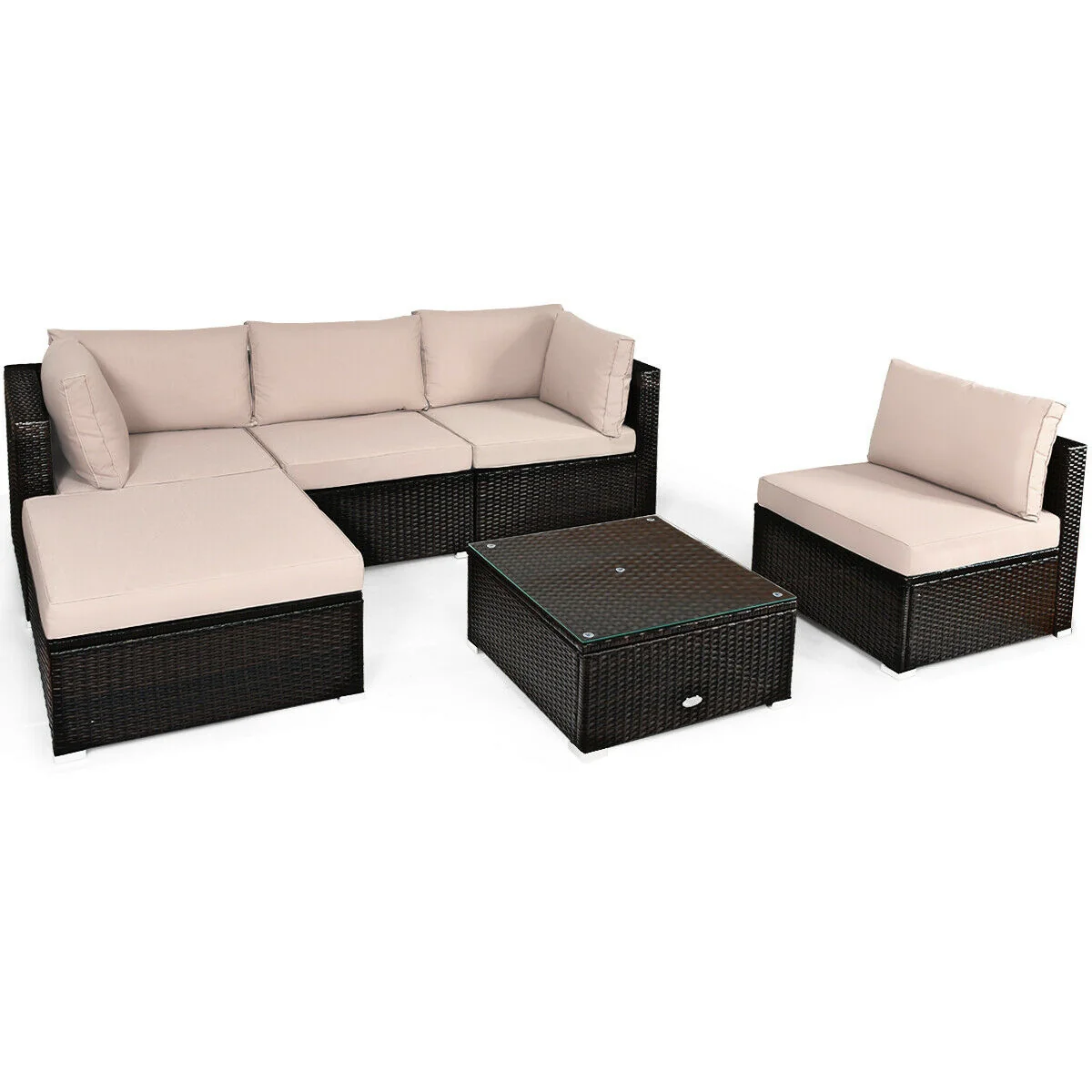 6 Piece Outdoor Patio Rattan Furniture Set, Beige - Image 8