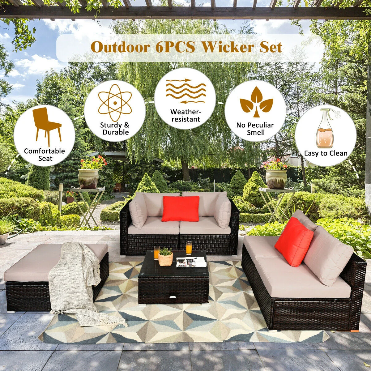 6 Piece Outdoor Patio Rattan Furniture Set, Beige - Image 9