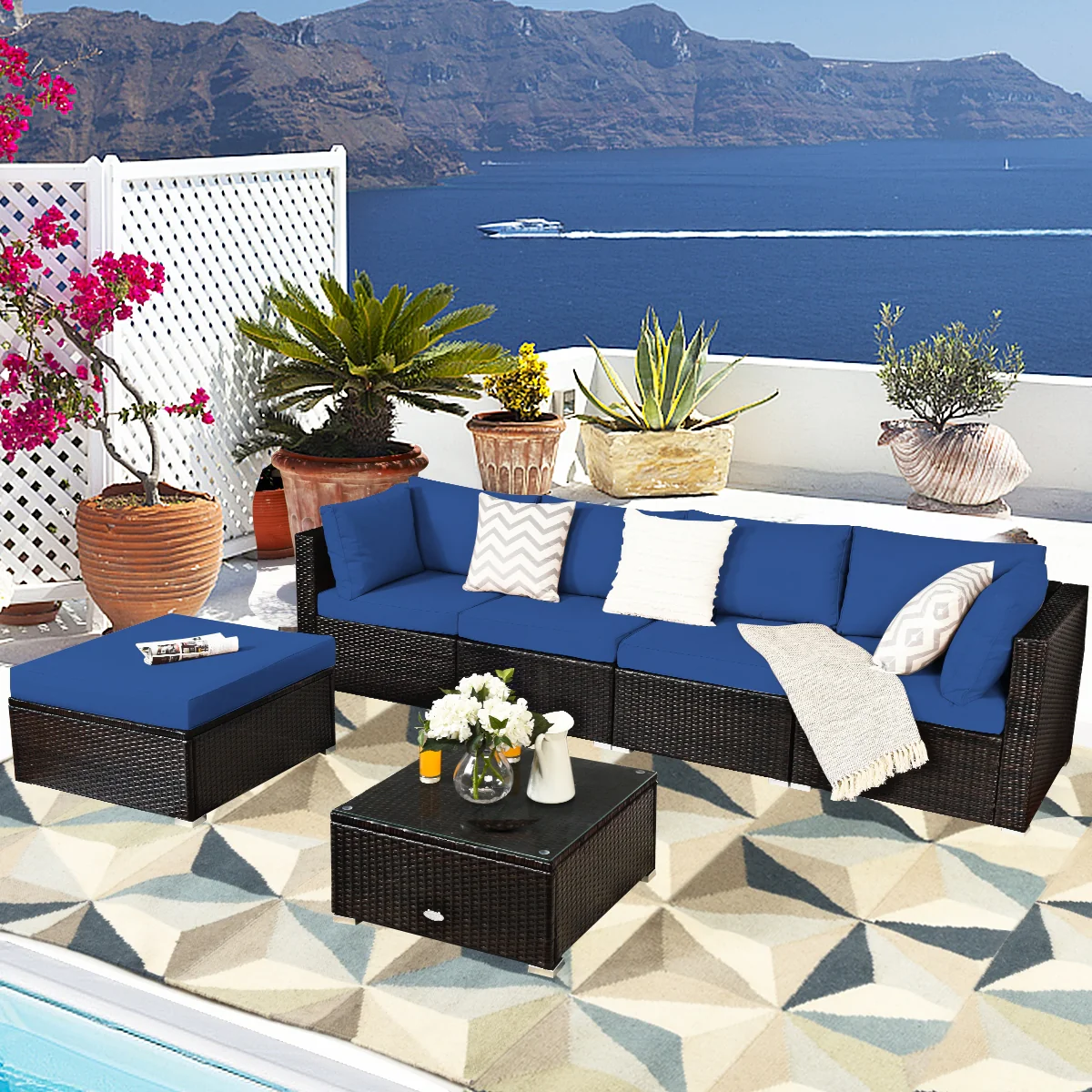 6-Piece Outdoor Patio Rattan Furniture Set, Blue - Image 2