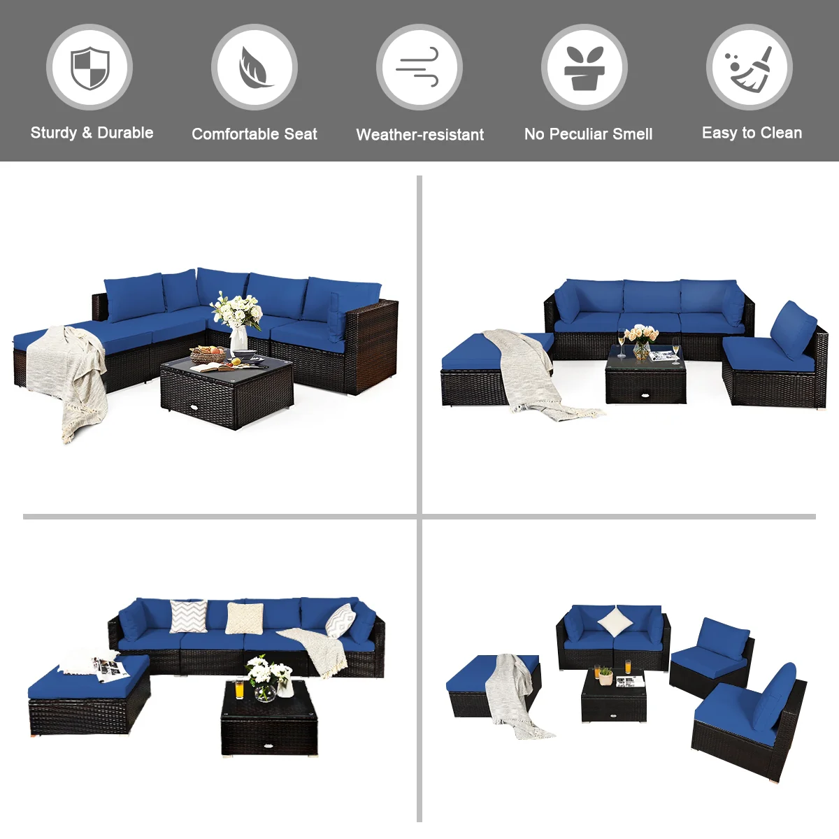 6-Piece Outdoor Patio Rattan Furniture Set, Blue - Image 3