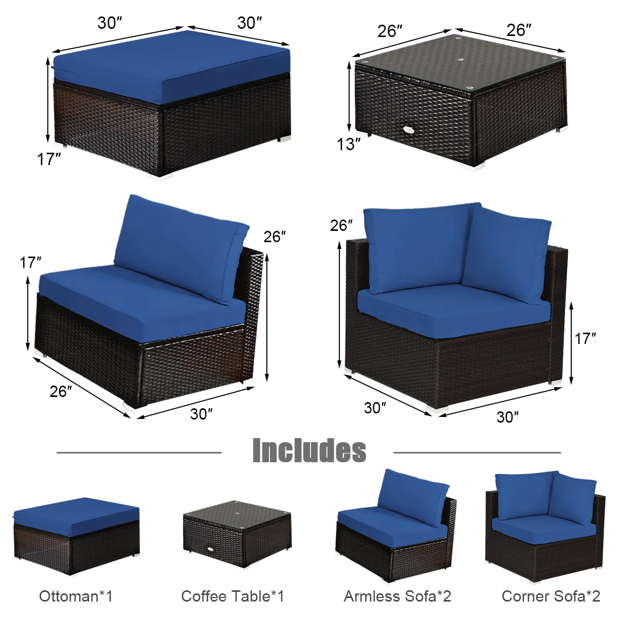 6-Piece Outdoor Patio Rattan Furniture Set, Blue - Image 5