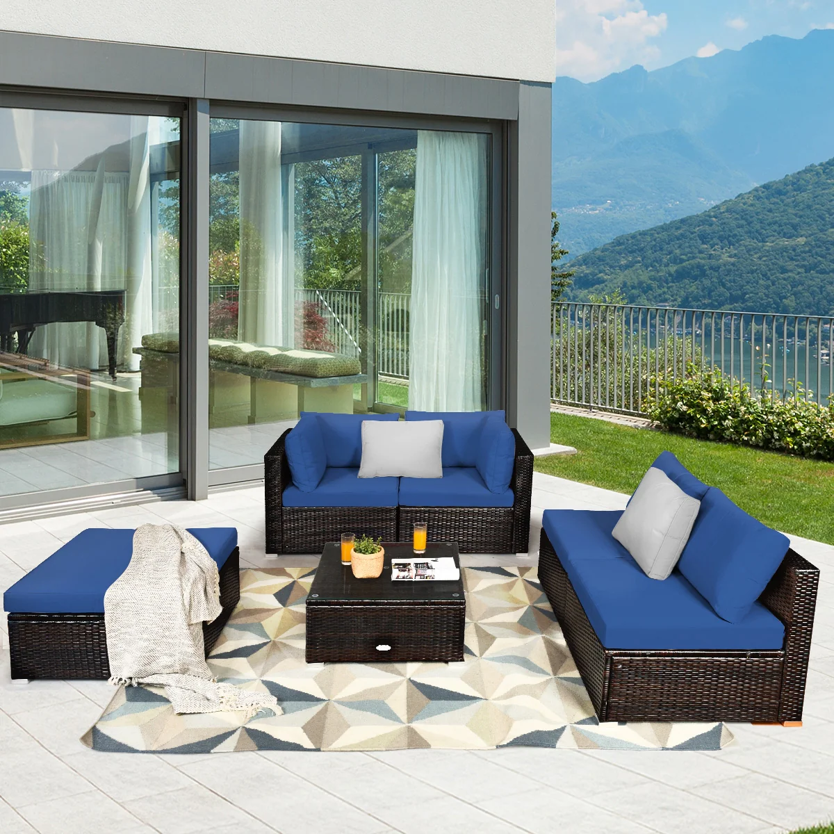 6-Piece Outdoor Patio Rattan Furniture Set, Blue - Image 7