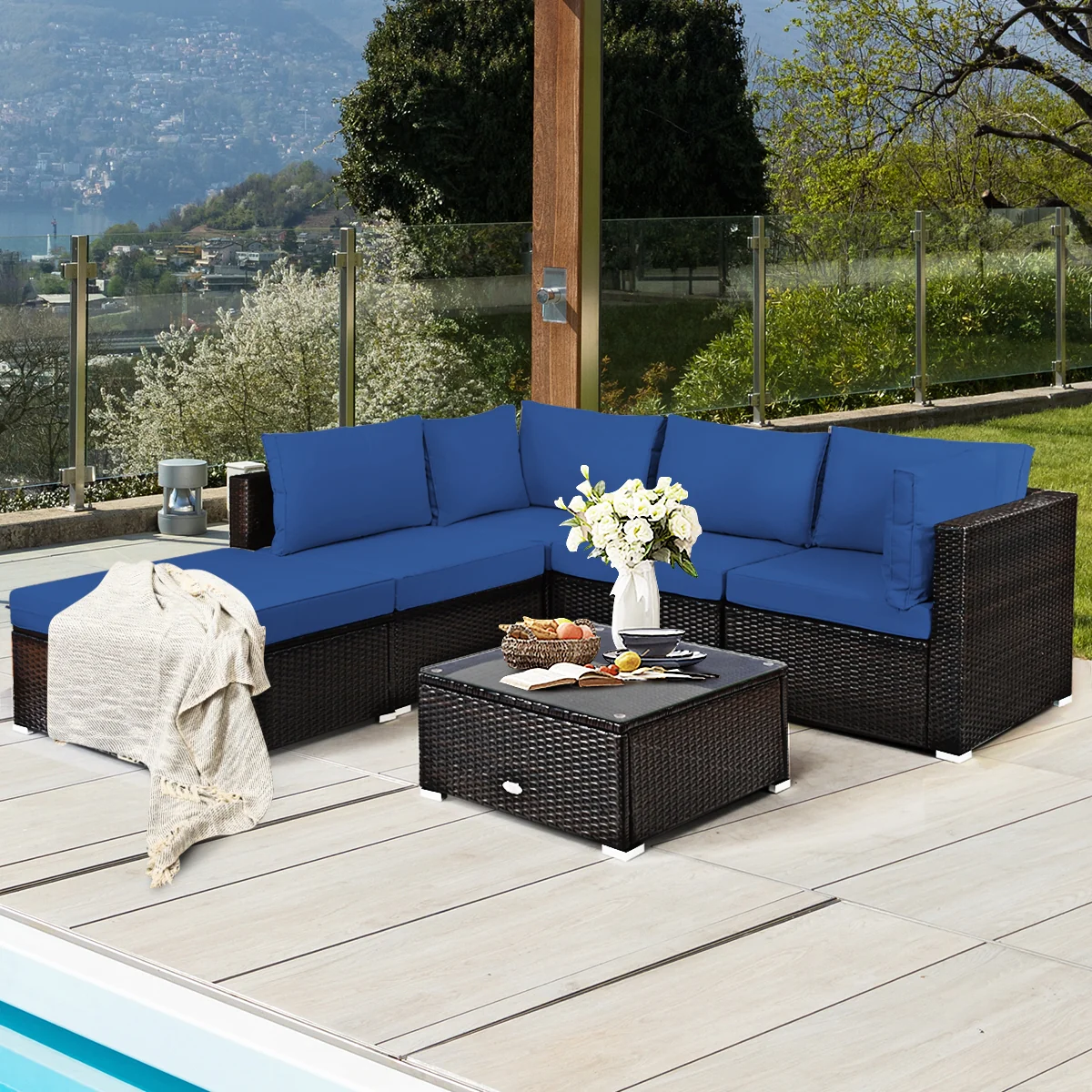 6-Piece Outdoor Patio Rattan Furniture Set, Blue - Image 8