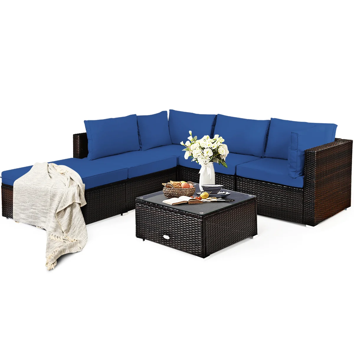 6-Piece Outdoor Patio Rattan Furniture Set, Blue - Image 9