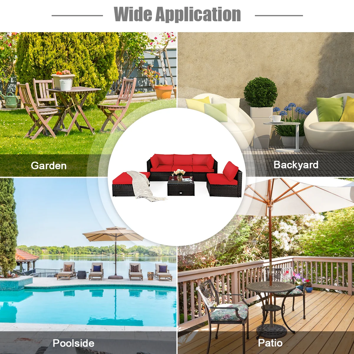 6-Piece Outdoor Patio Rattan Furniture Set, Sofa Ottoman, Red - Image 10