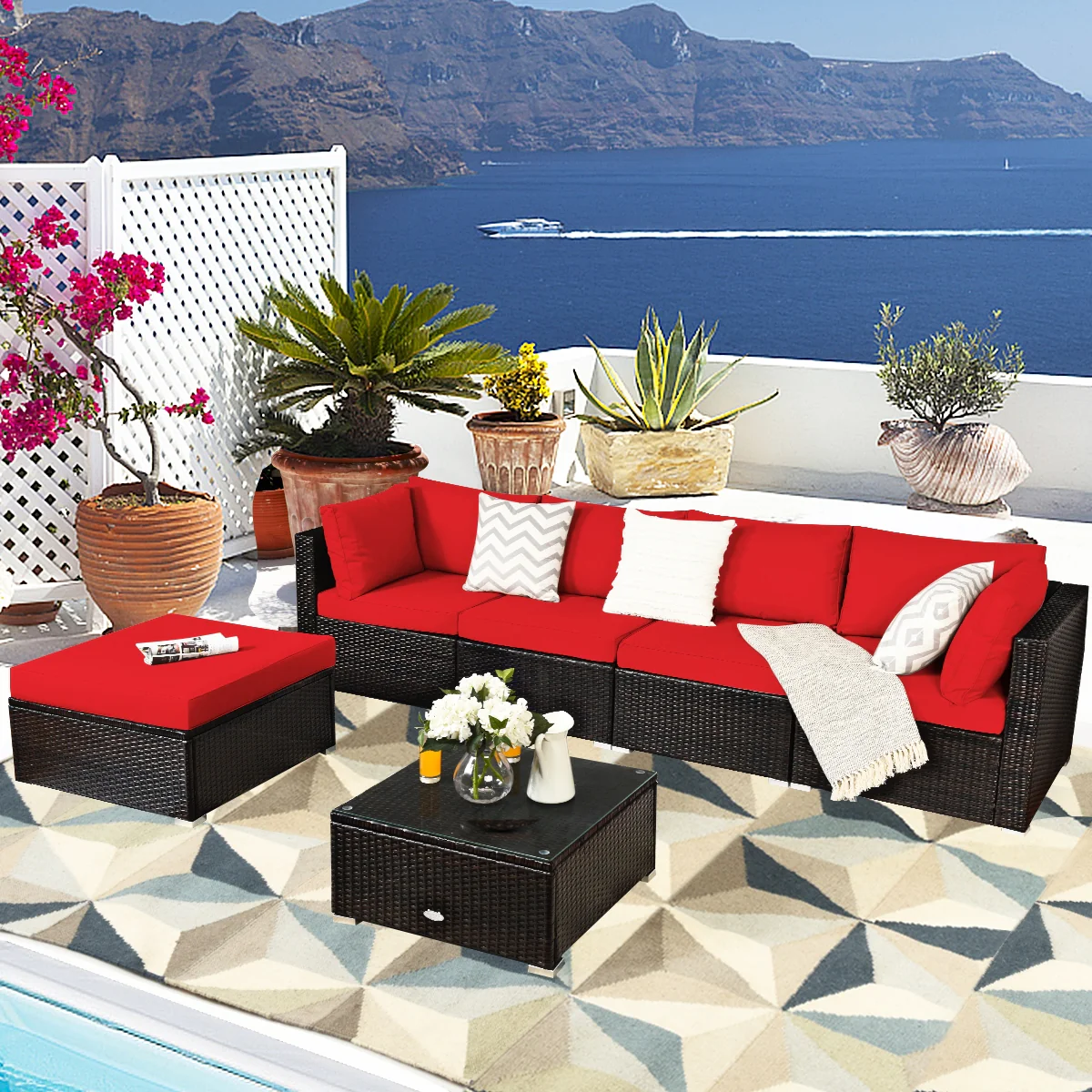6-Piece Outdoor Patio Rattan Furniture Set, Sofa Ottoman, Red - Image 2