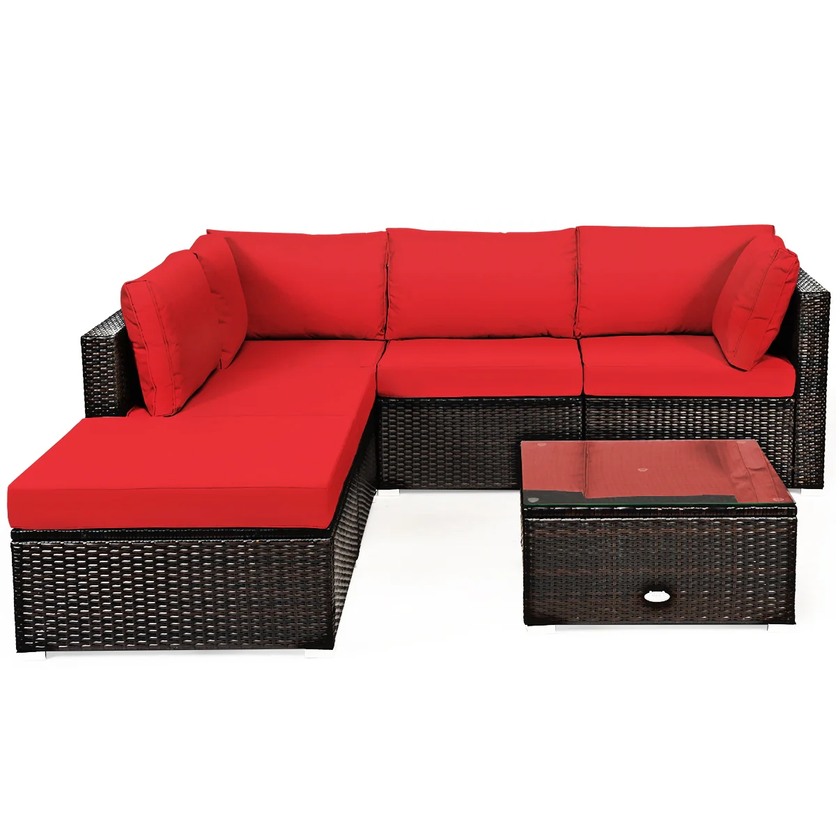 6-Piece Outdoor Patio Rattan Furniture Set, Sofa Ottoman, Red - Image 4