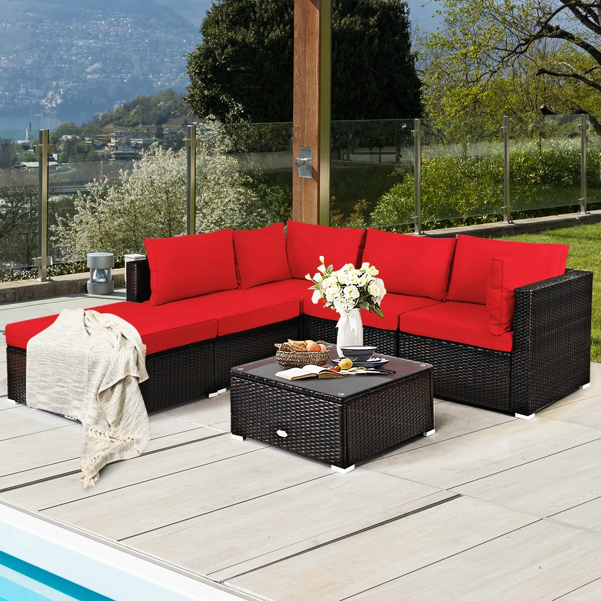 6-Piece Outdoor Patio Rattan Furniture Set, Sofa Ottoman, Red - Image 8
