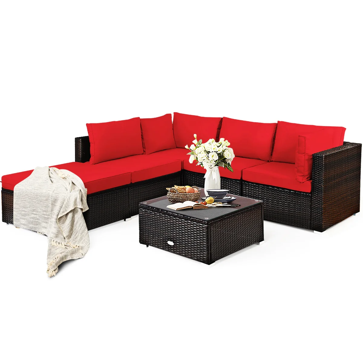 6-Piece Outdoor Patio Rattan Furniture Set, Sofa Ottoman, Red - Image 9