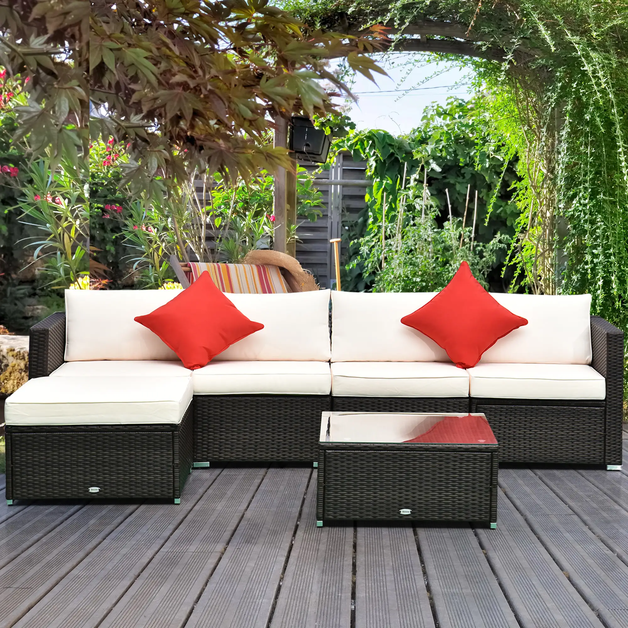 6-Piece Outdoor PE Rattan Sofa Set, Thick Cushions, Glass Top Table, Dark Coffee, Cream White - Image 8