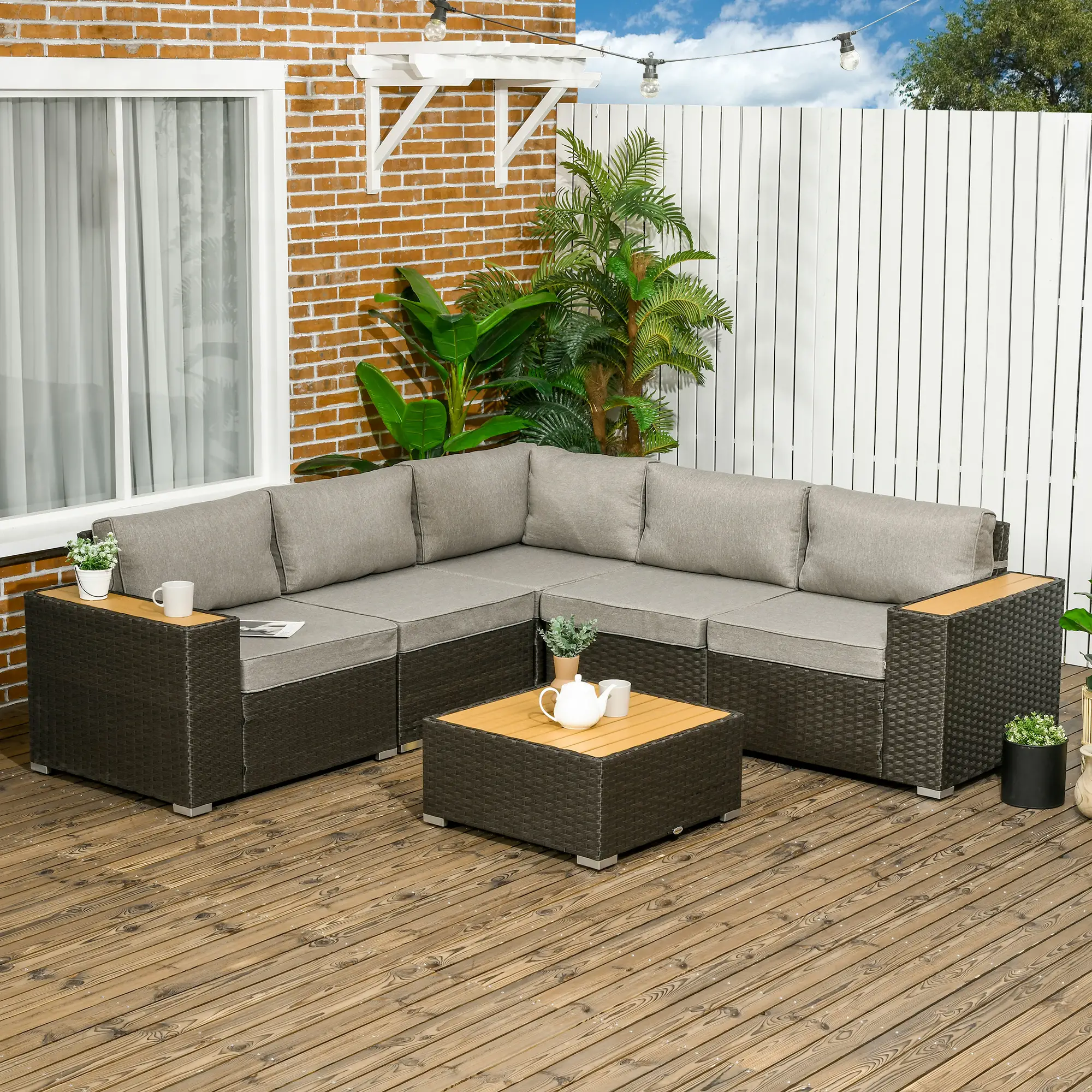 6-Piece Outdoor Rattan Patio Set, Corner Sofa, WPC Table, Light Grey - Image 2