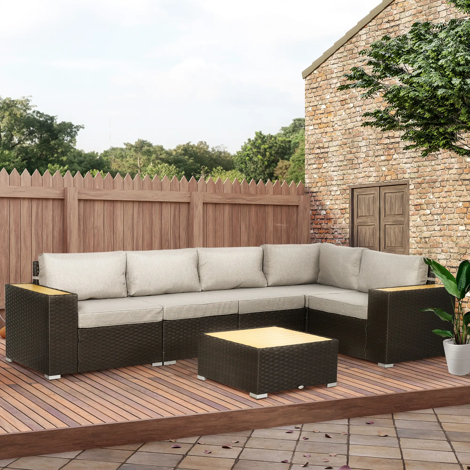6-Piece Outdoor Rattan Patio Set, Corner Sofa, WPC Table, Light Grey - Image 8