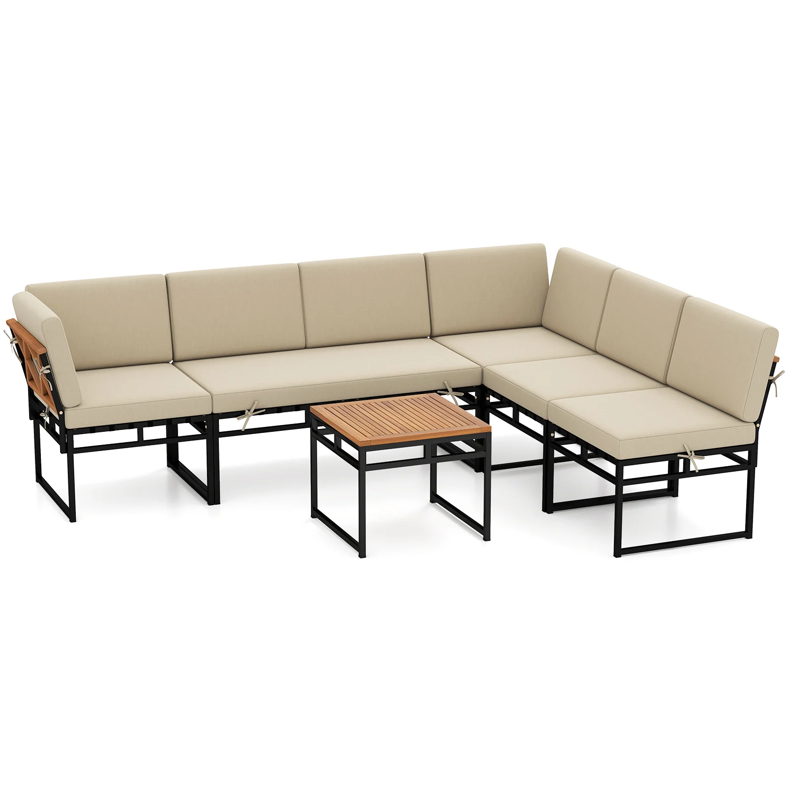 6 Piece Outdoor Sectional Sofa Set, Metal Conversation Set With Cushions, Beige
