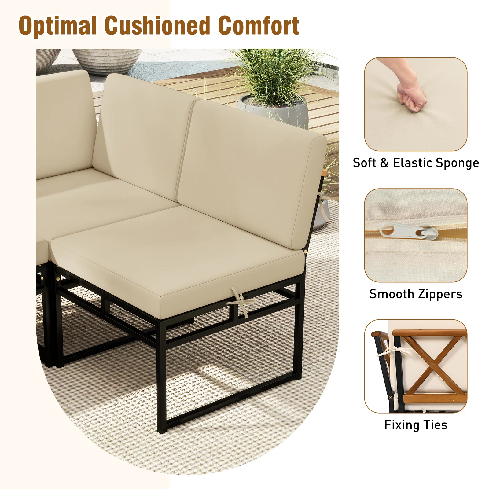 6 Piece Outdoor Sectional Sofa Set, Metal Conversation Set With Cushions, Beige - Image 10