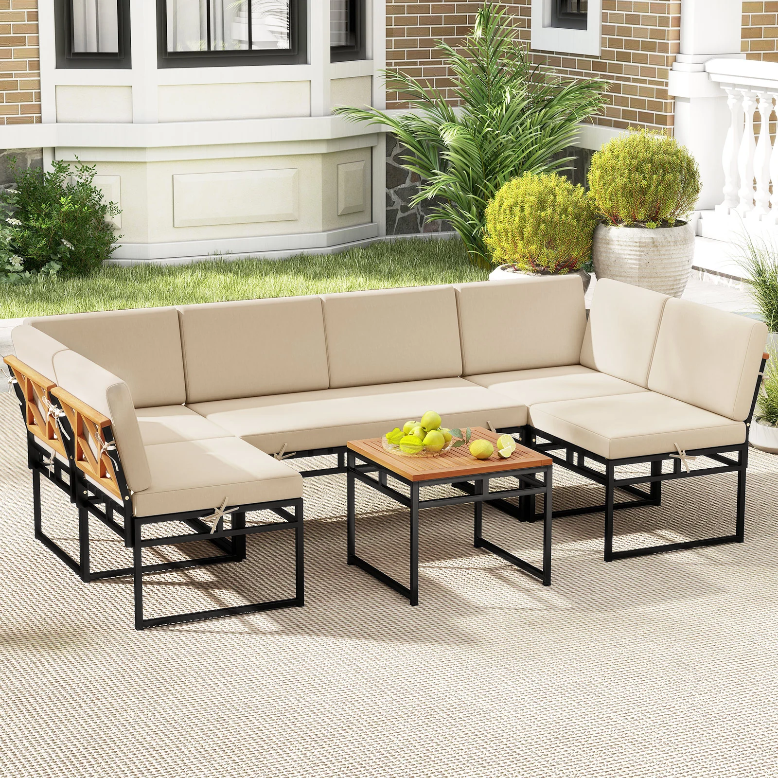6 Piece Outdoor Sectional Sofa Set, Metal Conversation Set With Cushions, Beige - Image 2