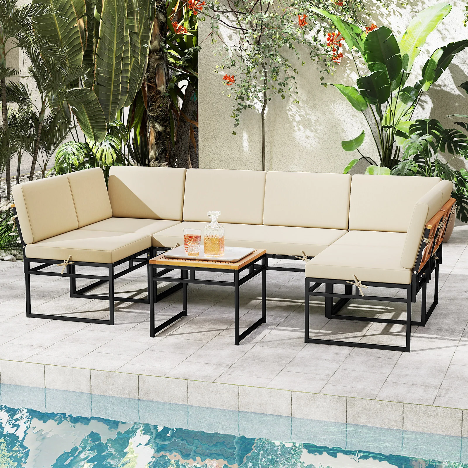 6 Piece Outdoor Sectional Sofa Set, Metal Conversation Set With Cushions, Beige - Image 3