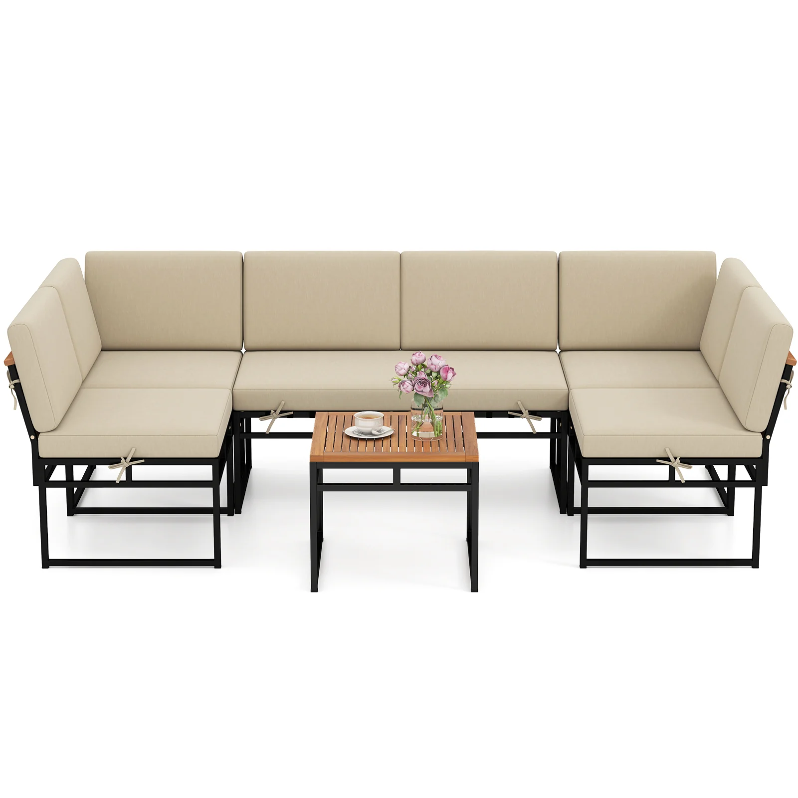 6 Piece Outdoor Sectional Sofa Set, Metal Conversation Set With Cushions, Beige - Image 5