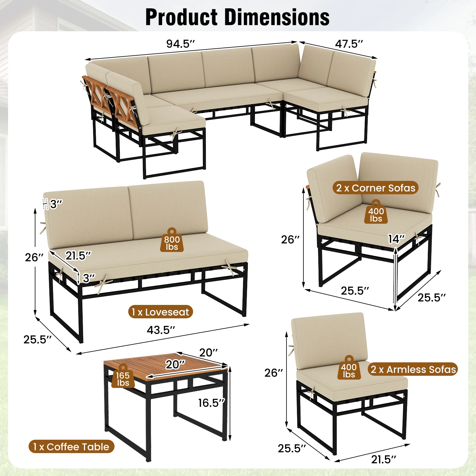 6 Piece Outdoor Sectional Sofa Set, Metal Conversation Set With Cushions, Beige - Image 6