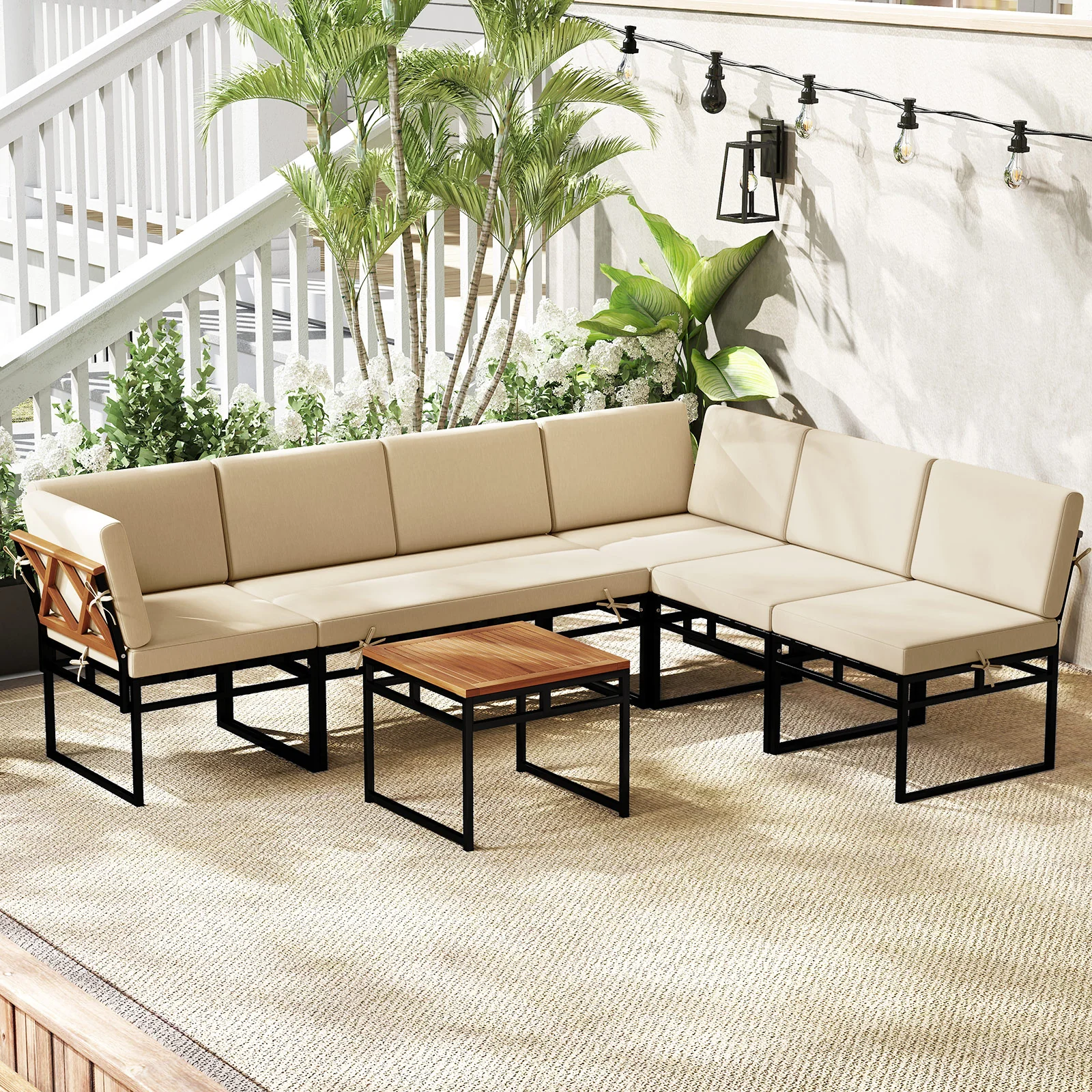 6 Piece Outdoor Sectional Sofa Set, Metal Conversation Set With Cushions, Beige - Image 7