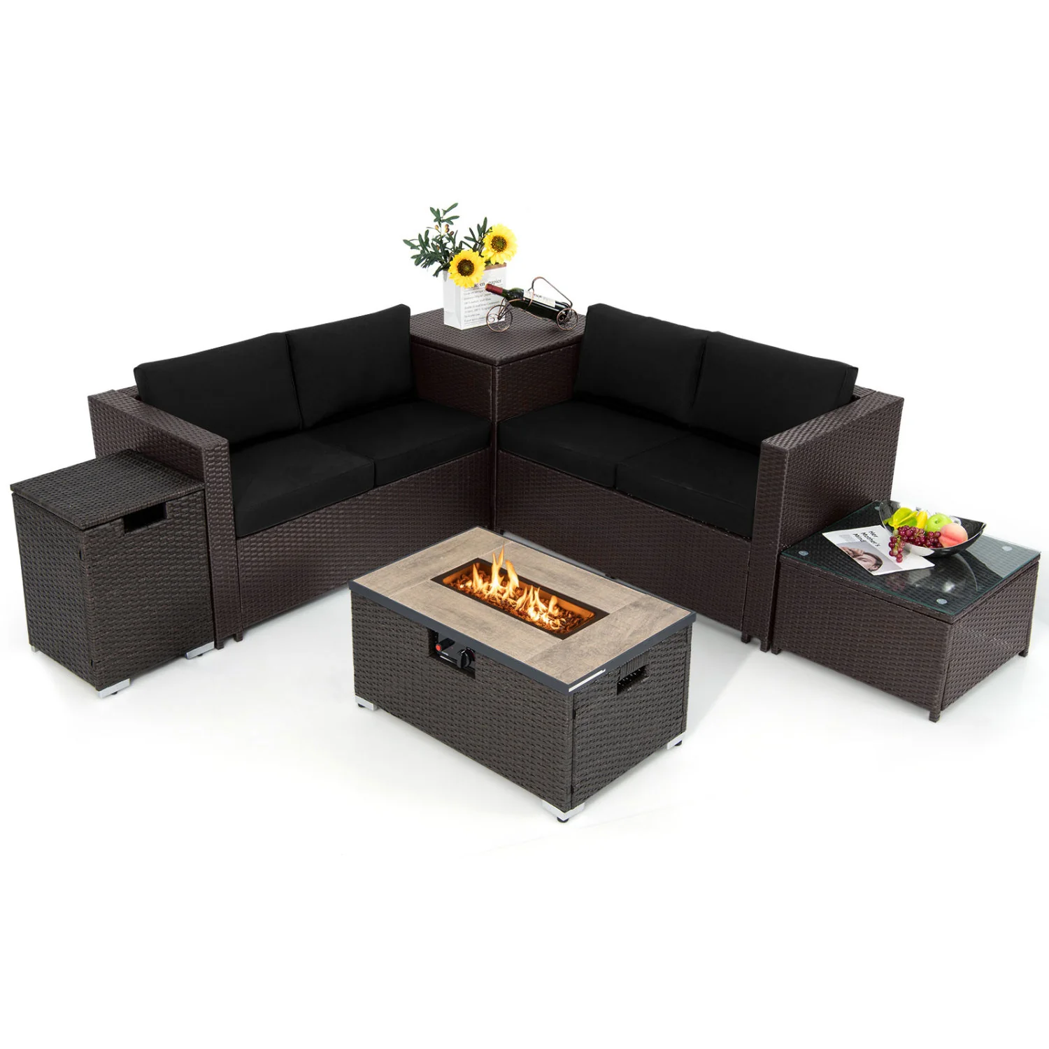 6-Piece Outdoor Wicker Set with 32" Propane Fire Pit, Black